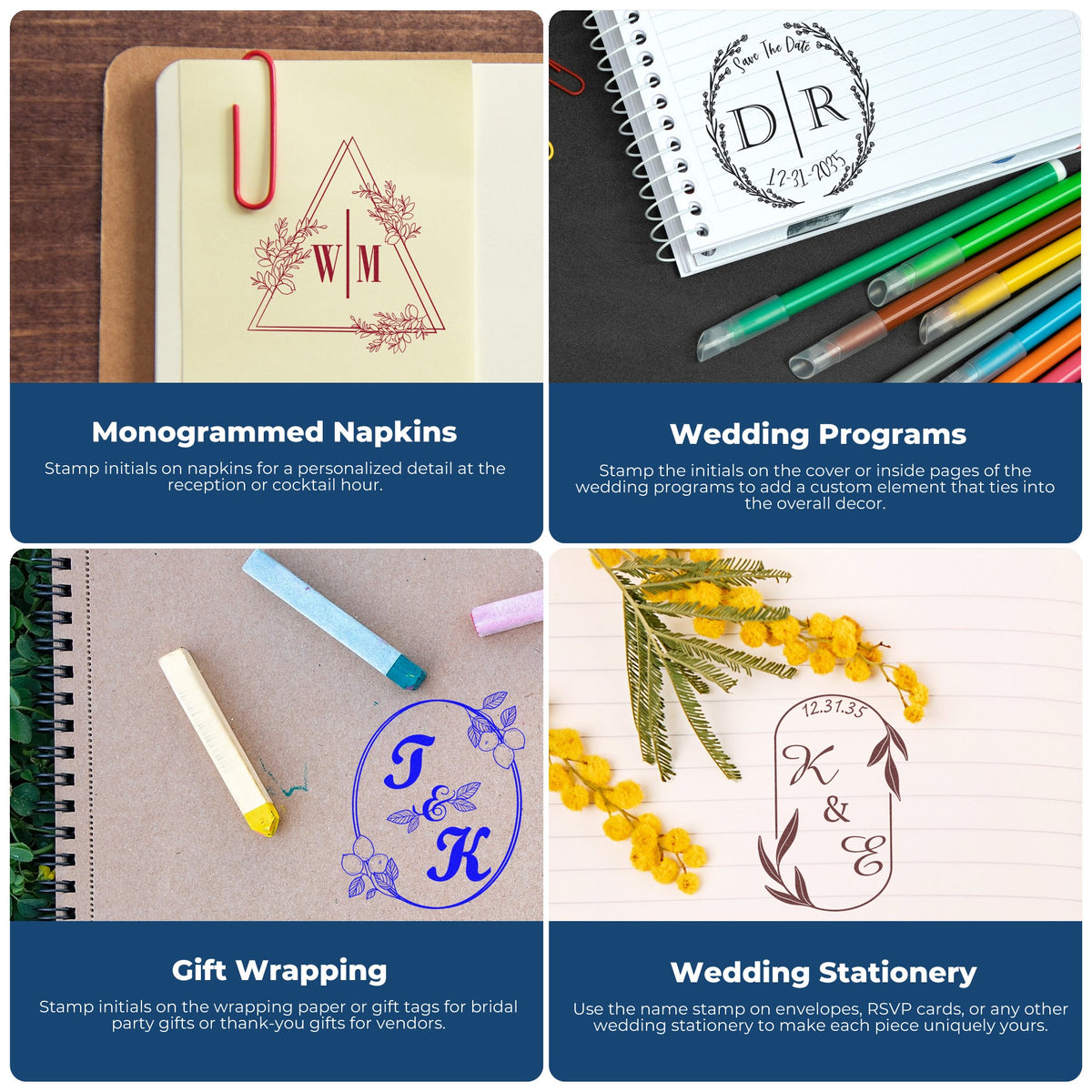 Custom wedding stamp and seal examples in red, black, blue and brown on napkins, programs, gift wrap and stationery.