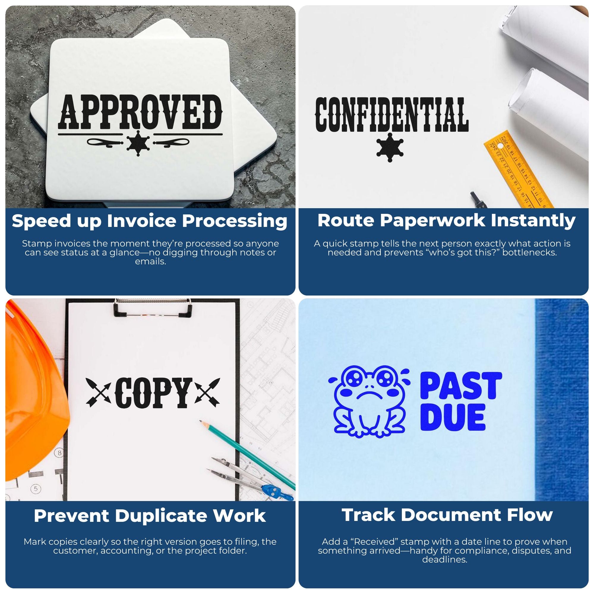 Collage of custom stamp and seal products showing black Approved, Confidential, and Copy marks plus blue Past Due on paperwork.