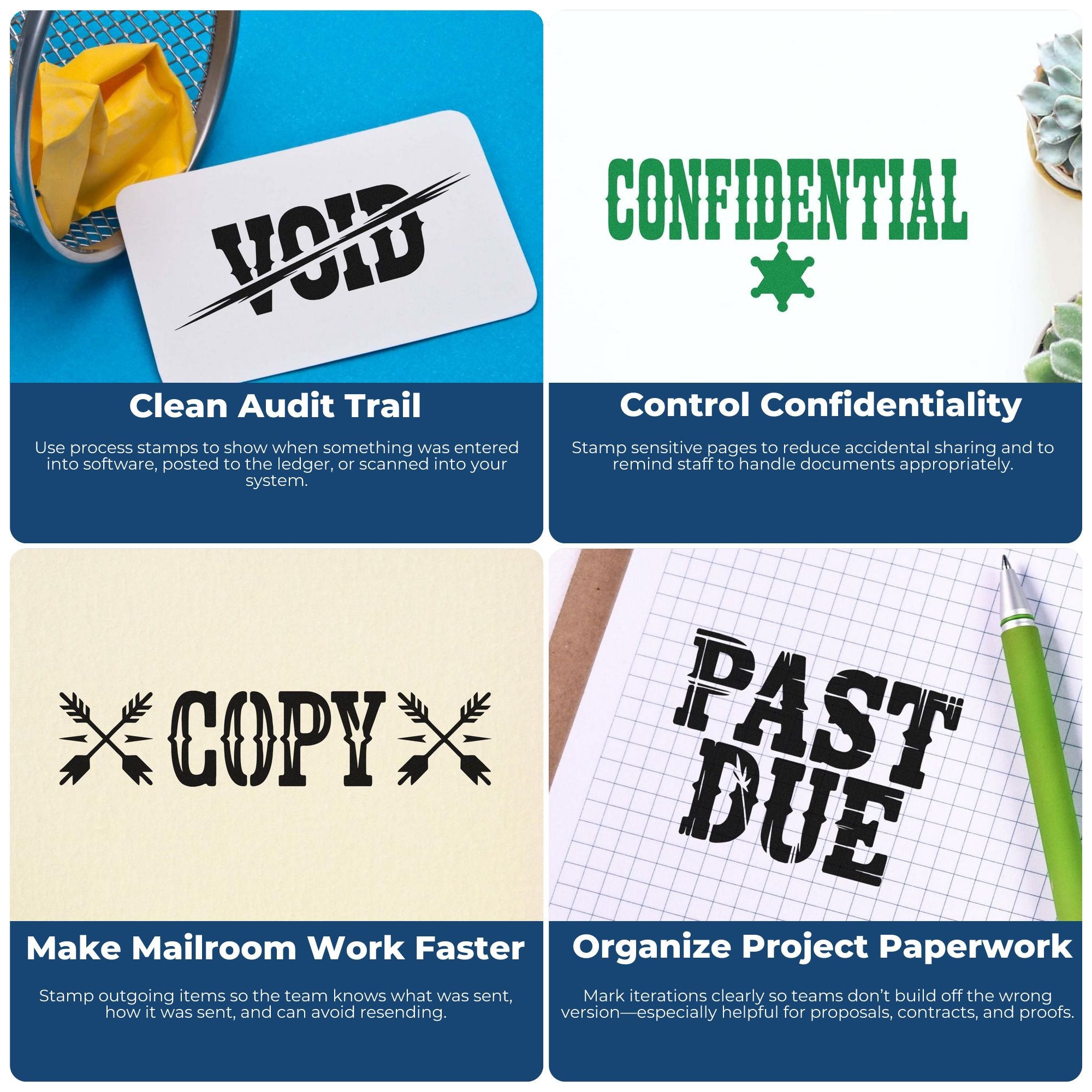Collage of office stamp and seal products: VOID, CONFIDENTIAL, COPY, and PAST DUE in black and green on blue and white backgrounds.
