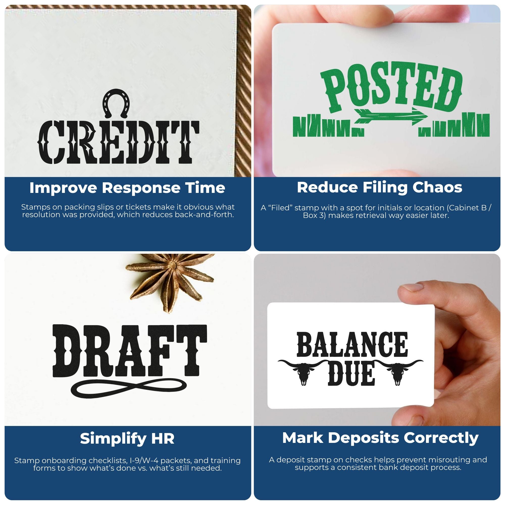 Collage of black and green stamp and seal products on white cards reading Credit, Posted, Draft, and Balance Due.