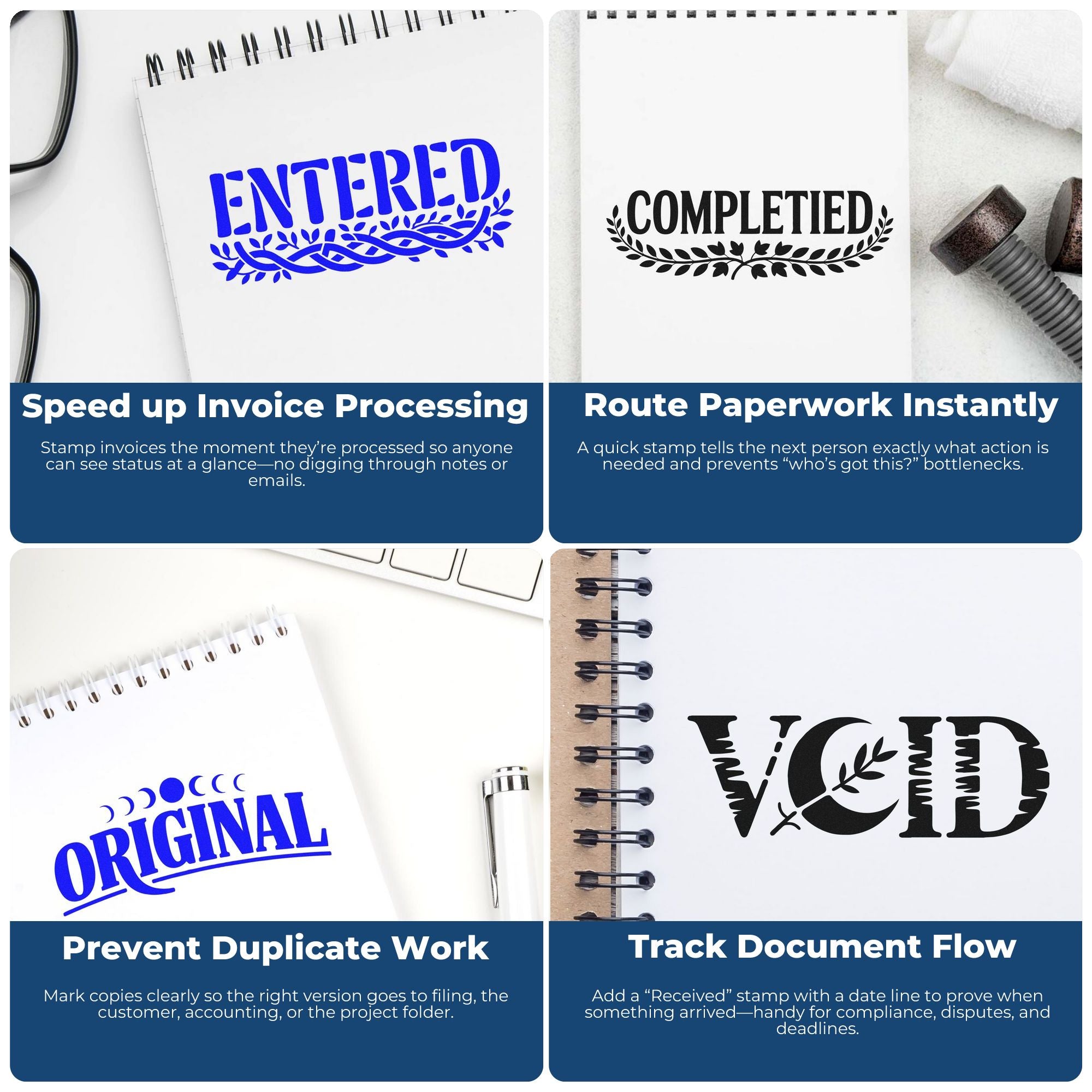 Collage of blue and black stamp and seal products on notebooks, labeled ENTERED, COMPLETED, ORIGINAL, and VOID.