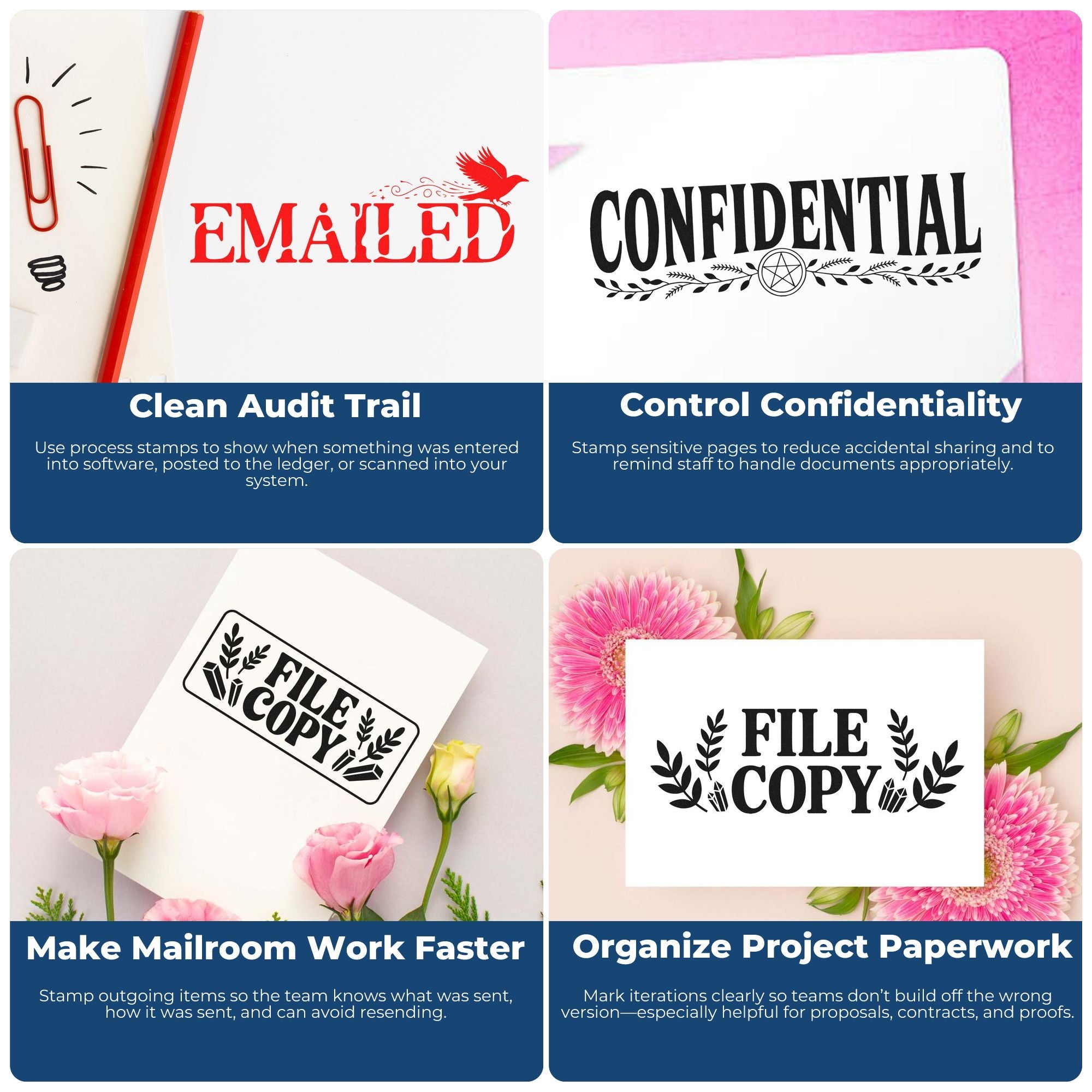 Collage of office stamp and seal products with red Emailed, black Confidential and File Copy designs on white cards.