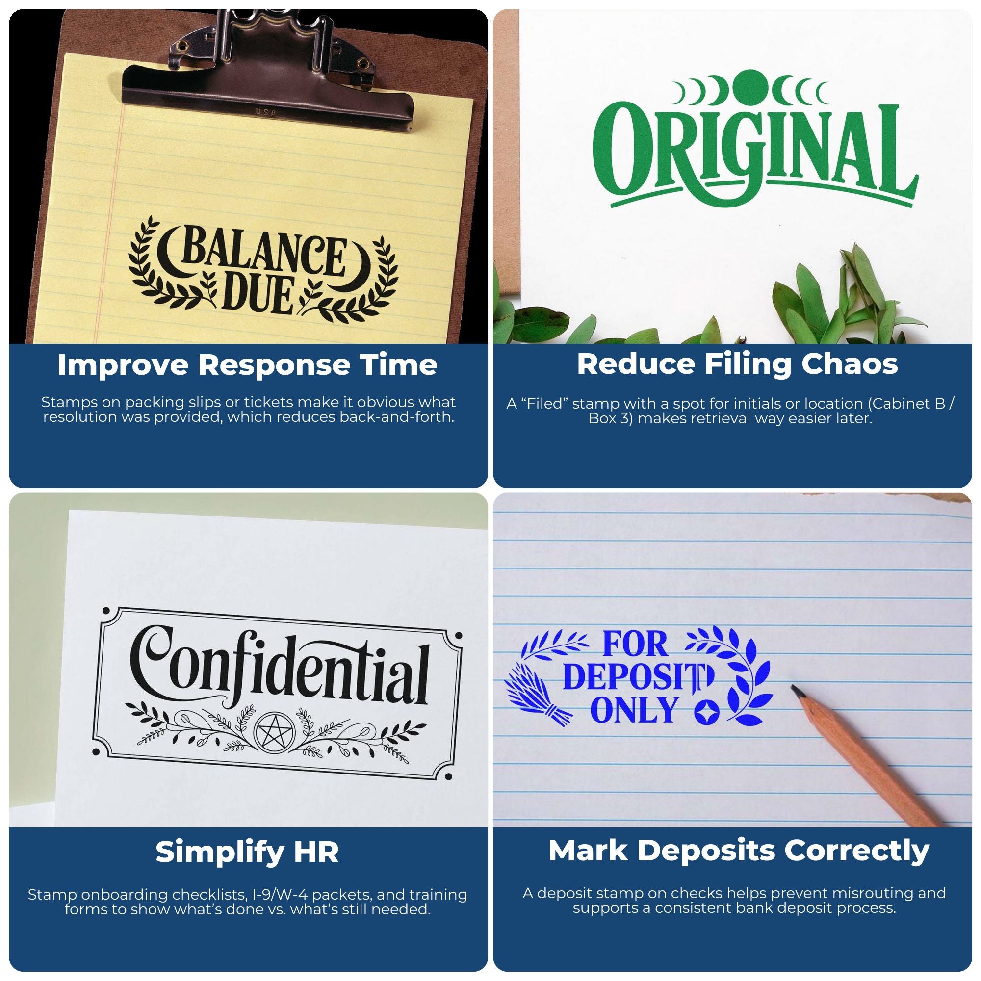 Collage of stamp and seal products showing Balance Due, Original, Confidential, and For Deposit Only marks on paper.