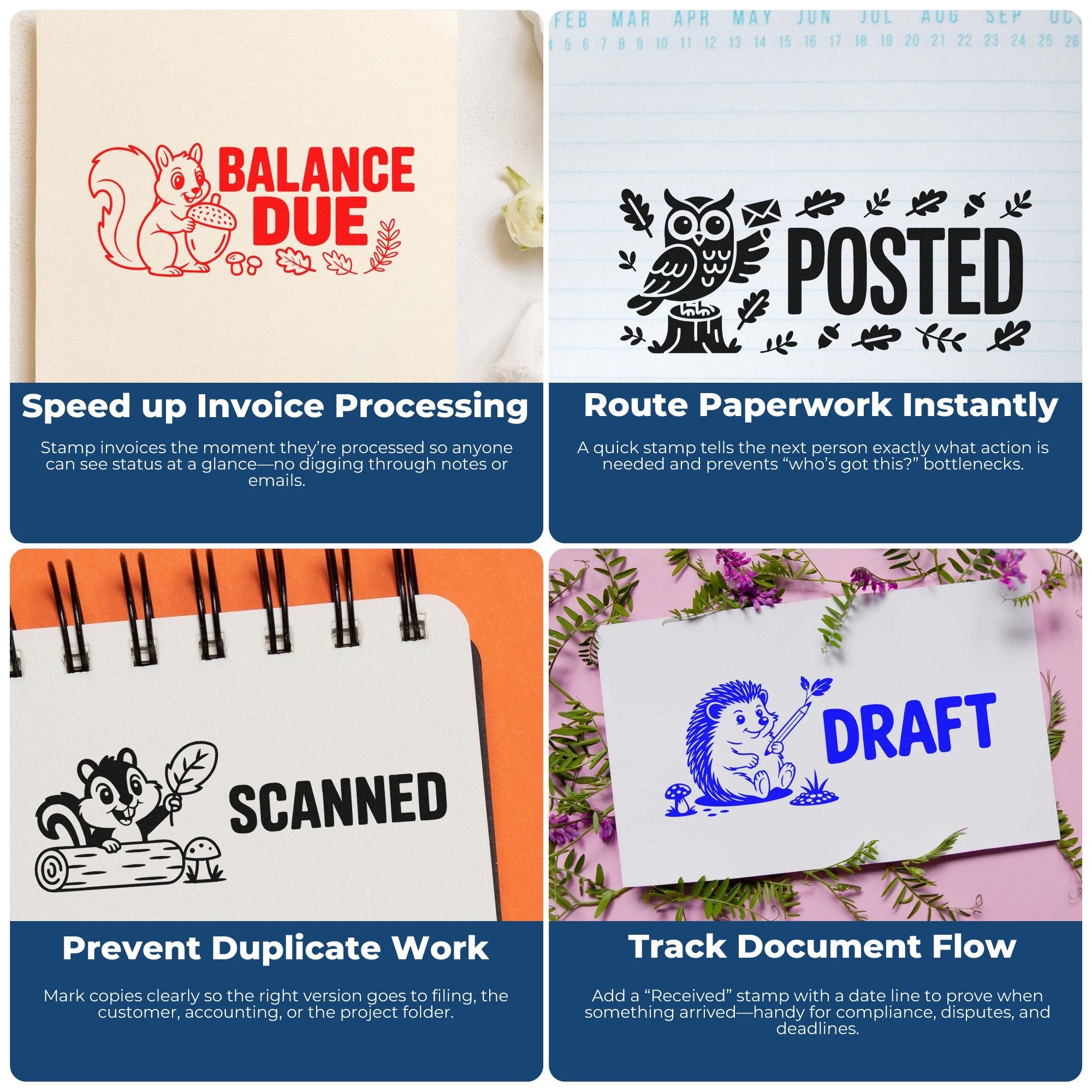 Collage of rubber document stamps in red, black, and blue: Balance Due, Posted, Scanned, and Draft.