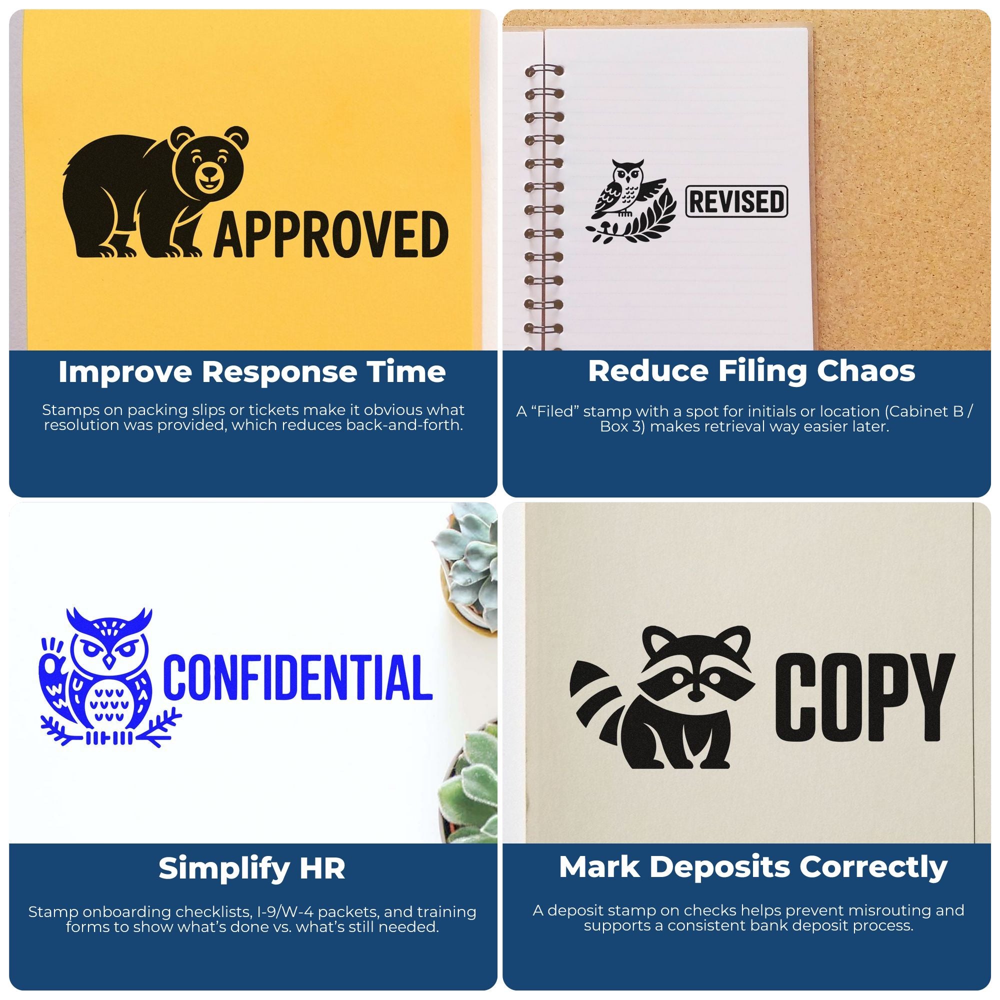 Stamp and seal product collage with black bear APPROVED, owl REVISED, blue CONFIDENTIAL, and raccoon COPY designs.