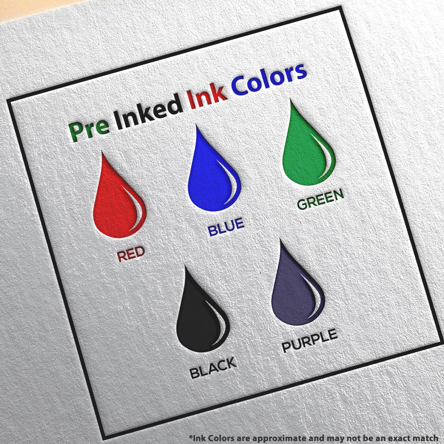 Image showing a color chart for Slim Pre-Inked TwirlTail Cartoon Animal Custom Library Ownership Stamp and Customized Address Stamp. Features red, blue, green, black, and purple ink droplets on a textured background.