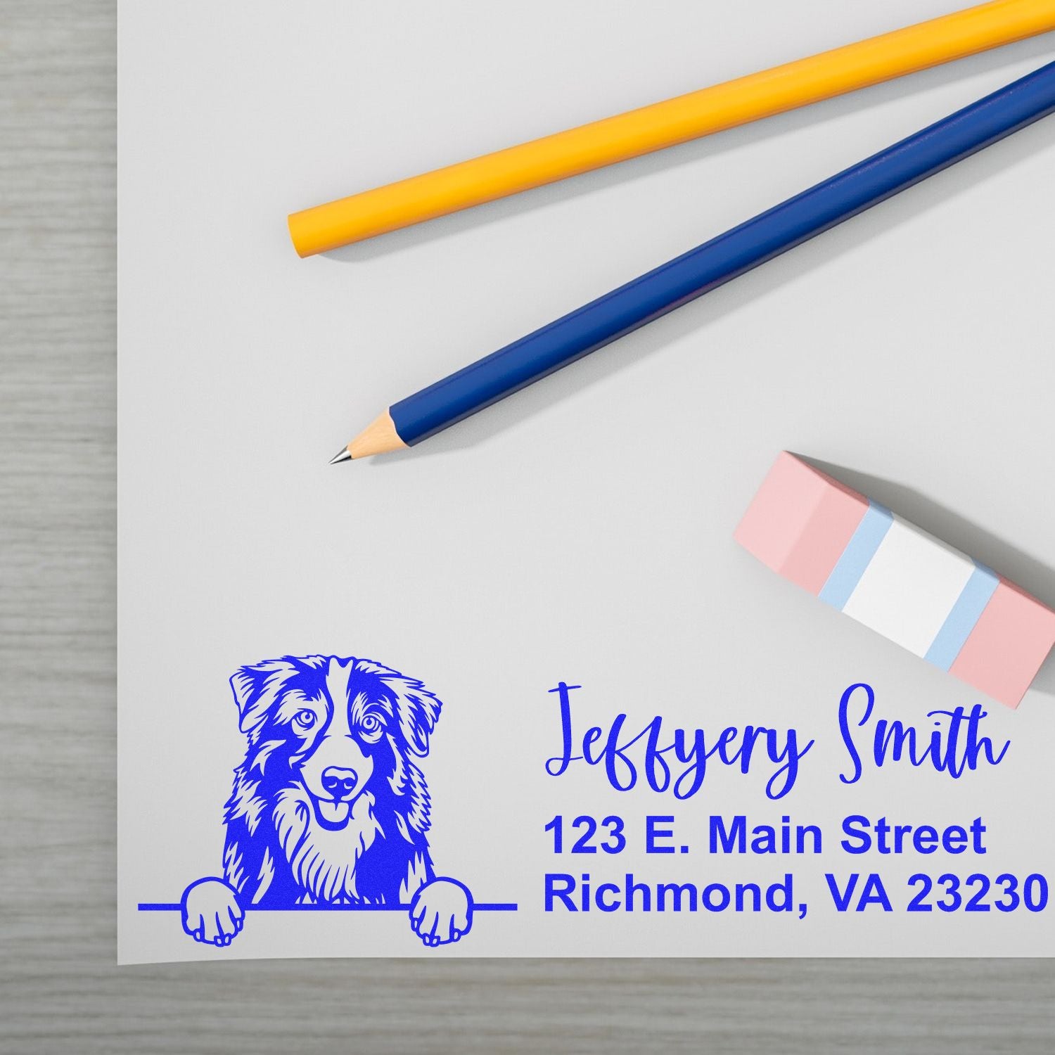 Peeking Australian Shepherd Name and Address Rubber Stamp