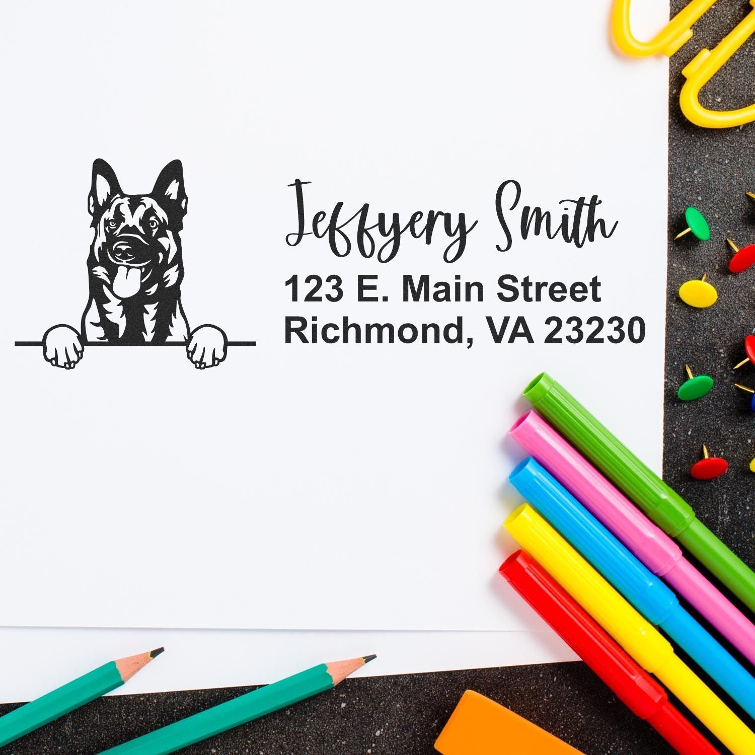 Peeking Belgian Malinois Name and Address Rubber Stamp