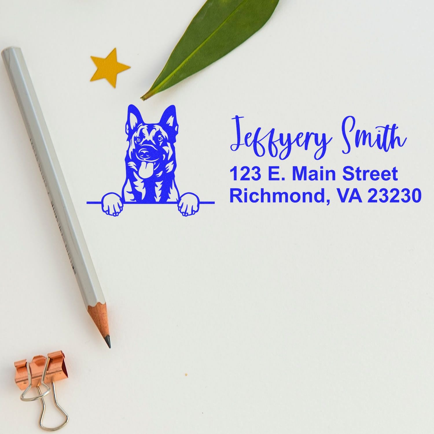 Peeking Belgian Malinois Name and Address Rubber Stamp