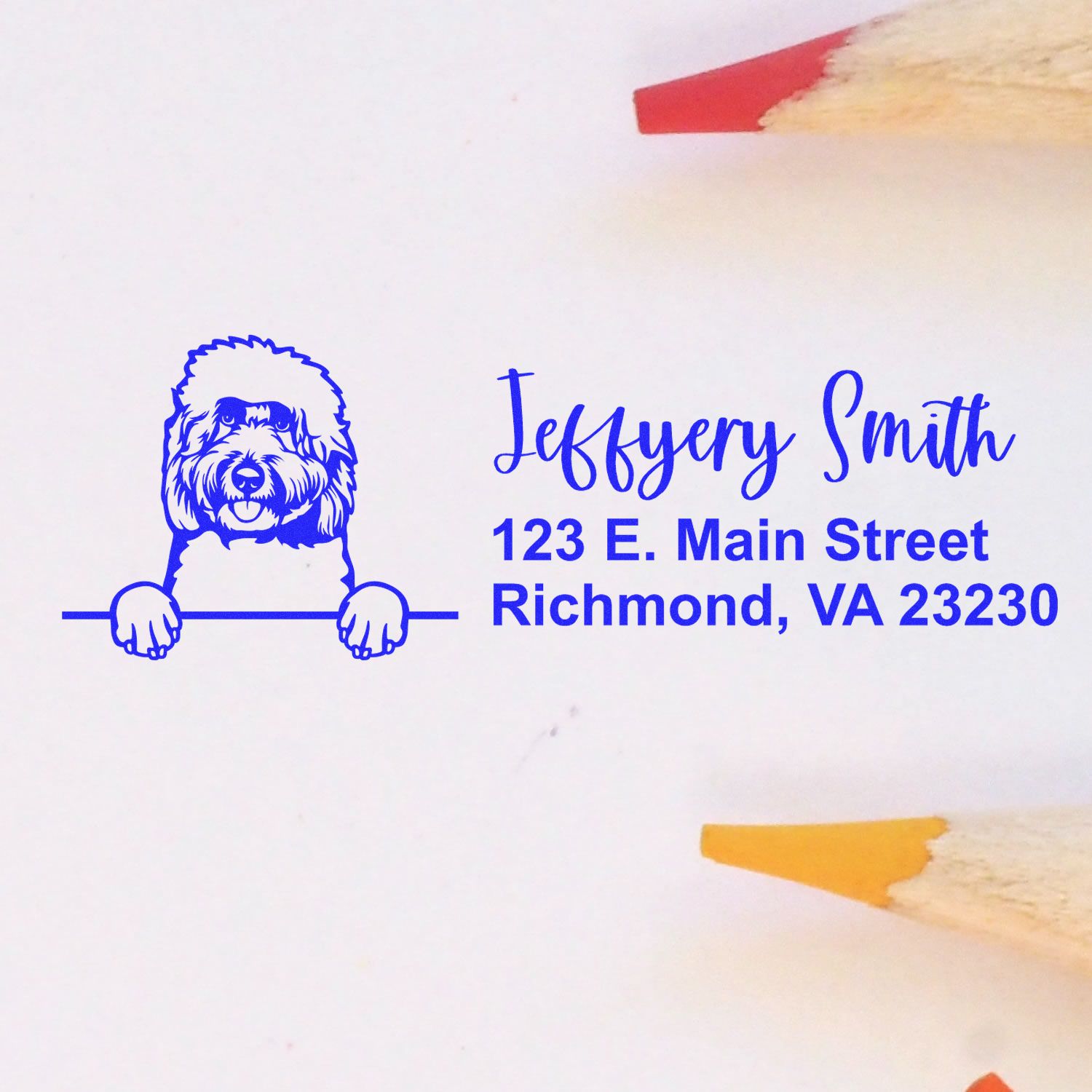 Peeking Goldendoodle Name and Address Rubber Stamp