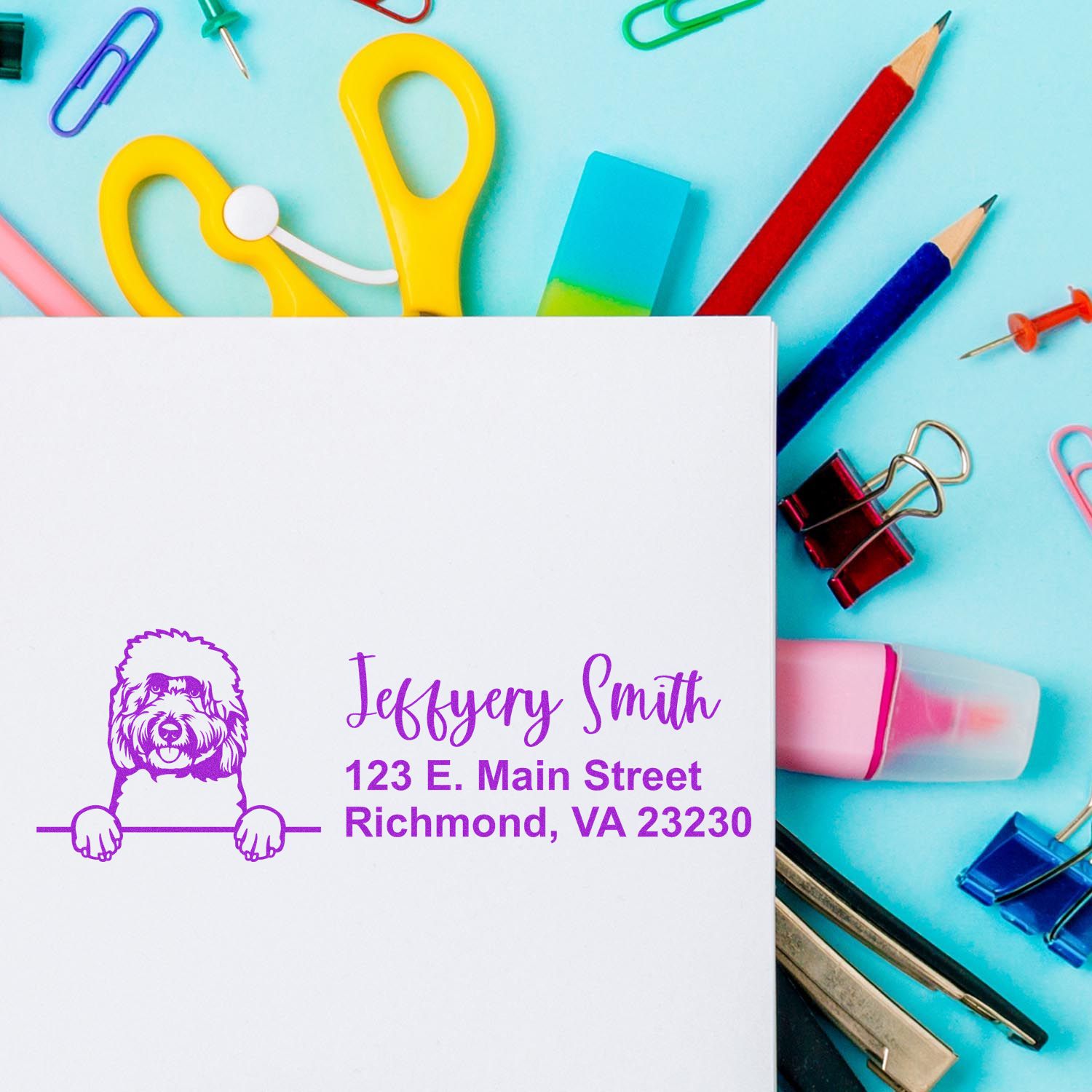 Peeking Goldendoodle Name and Address Rubber Stamp