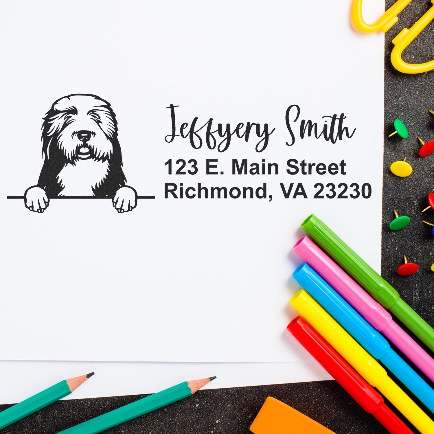 Peeking Old English Sheepdogs Name and Address Rubber Stamp