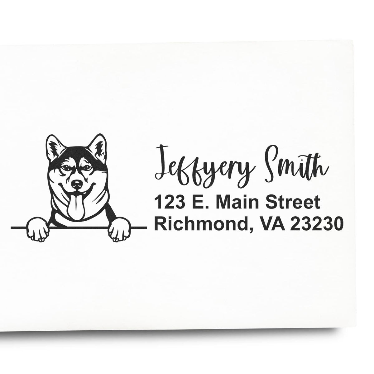 Black dog return address stamp seal with Jeffery Smith, 123 E. Main Street, Richmond, VA 23230.