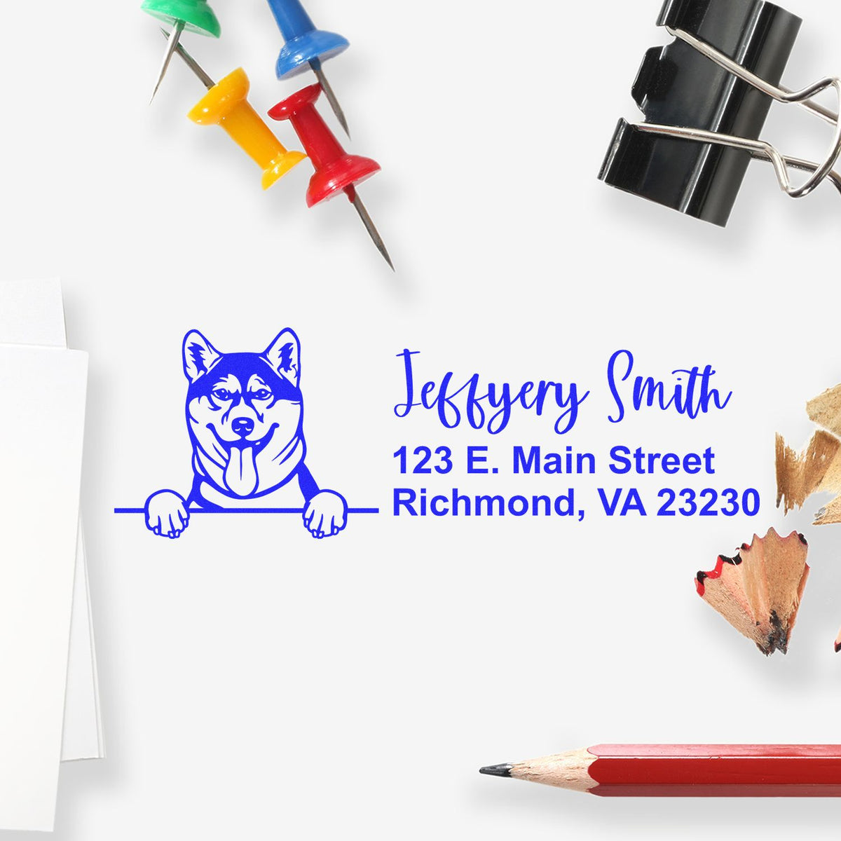 Blue custom stamp and seal with dog logo and address, surrounded by colorful push pins, binder clip, and red pencil.