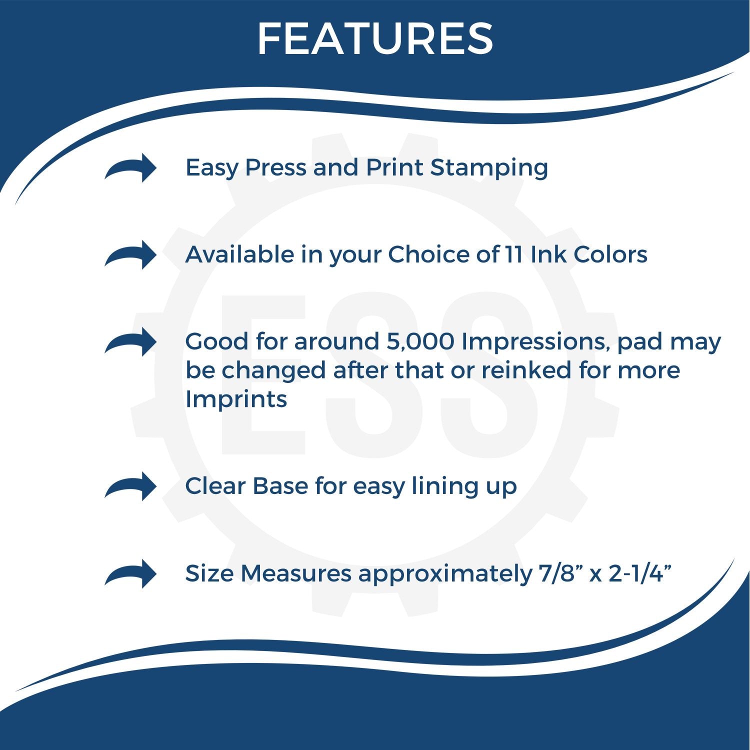 Infographic detailing features of the Large Self Inking I.R.A. Account Stamp, including easy press, 11 ink colors, 5,000 impressions, and clear base.