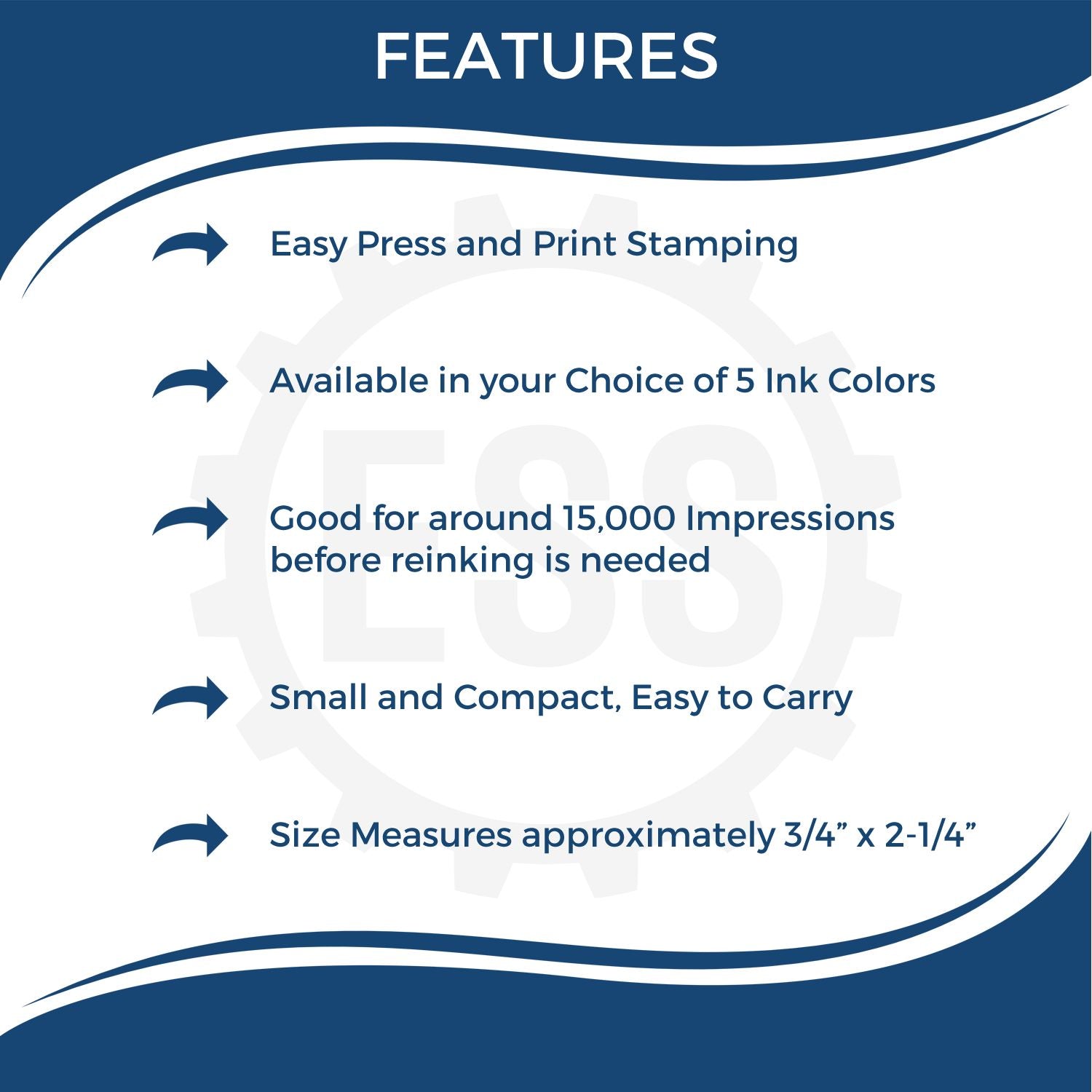 Large Pre-Inked Evidence Stamp infographic detailing features like ergonomic design, pre-inked for thousands of impressions, and clear, bold imprint for legal documents.