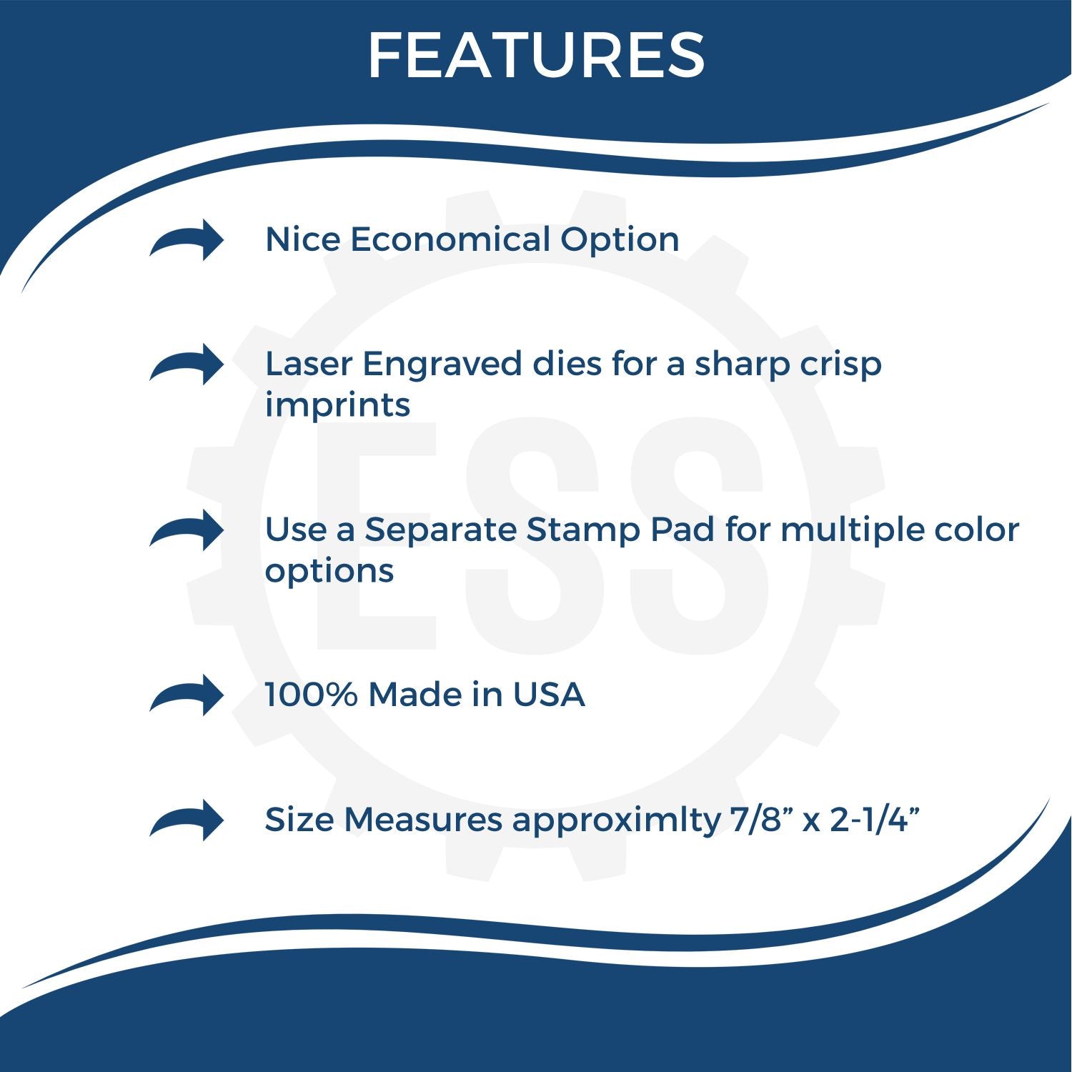 Infographic highlighting features of a Large Shred Rubber Stamp with a wooden handle, including size, engraving, and manufacturing details.