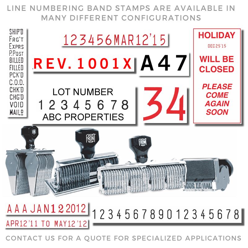 Assorted stamp and seal products: red and black line numbering, date, holiday, and metal hand stamps with adjustable bands.
