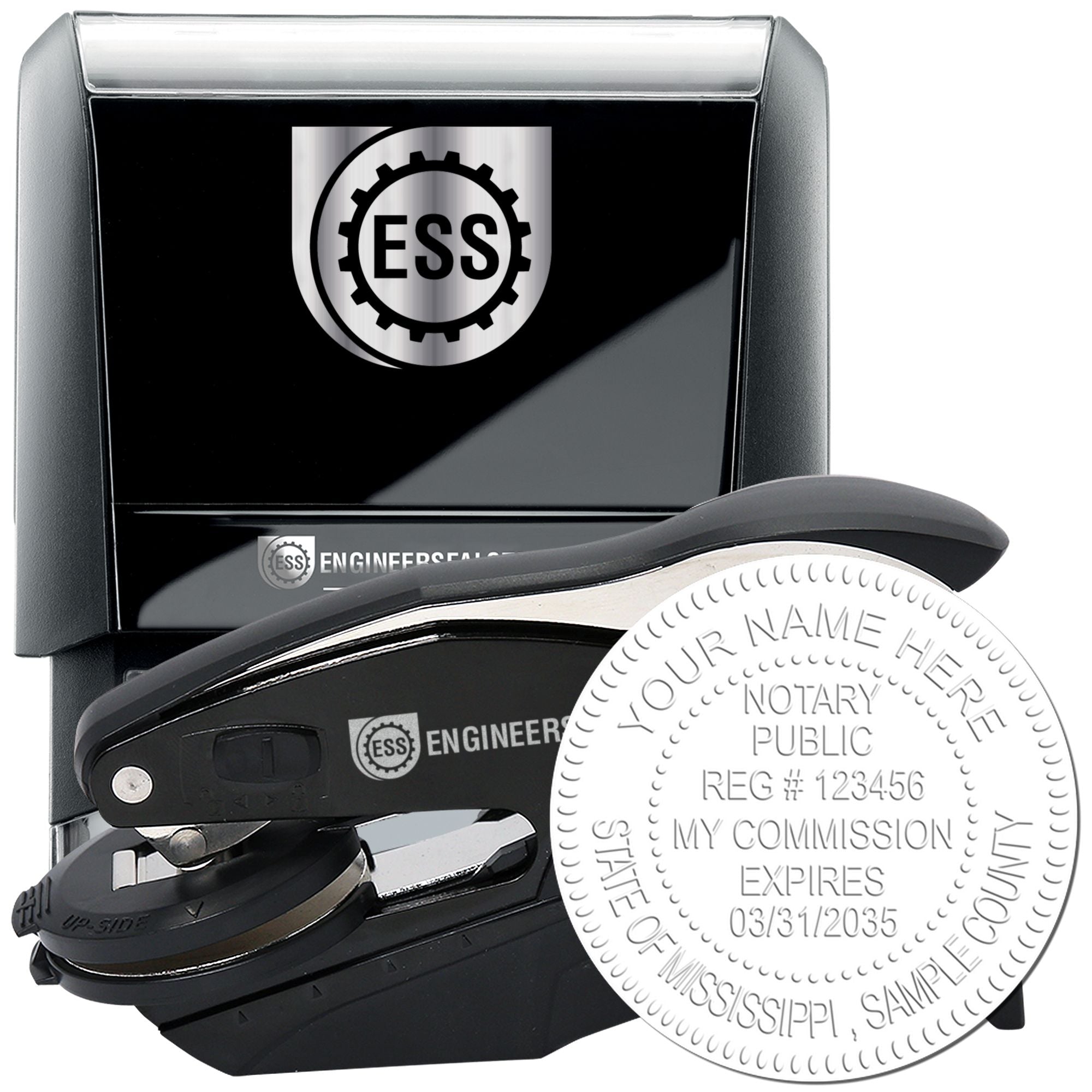 Rectangular Self Inking Mississippi Notary Stamp and Hybrid Seal Embosser Kit
