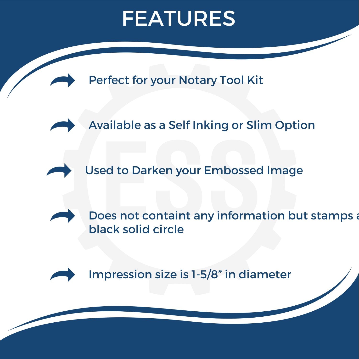 Infographic highlighting features of the Slim Notary Seal Impression Inker: perfect for notary kits, self-inking or slim, darkens embossed images, 1-5/8 diameter.