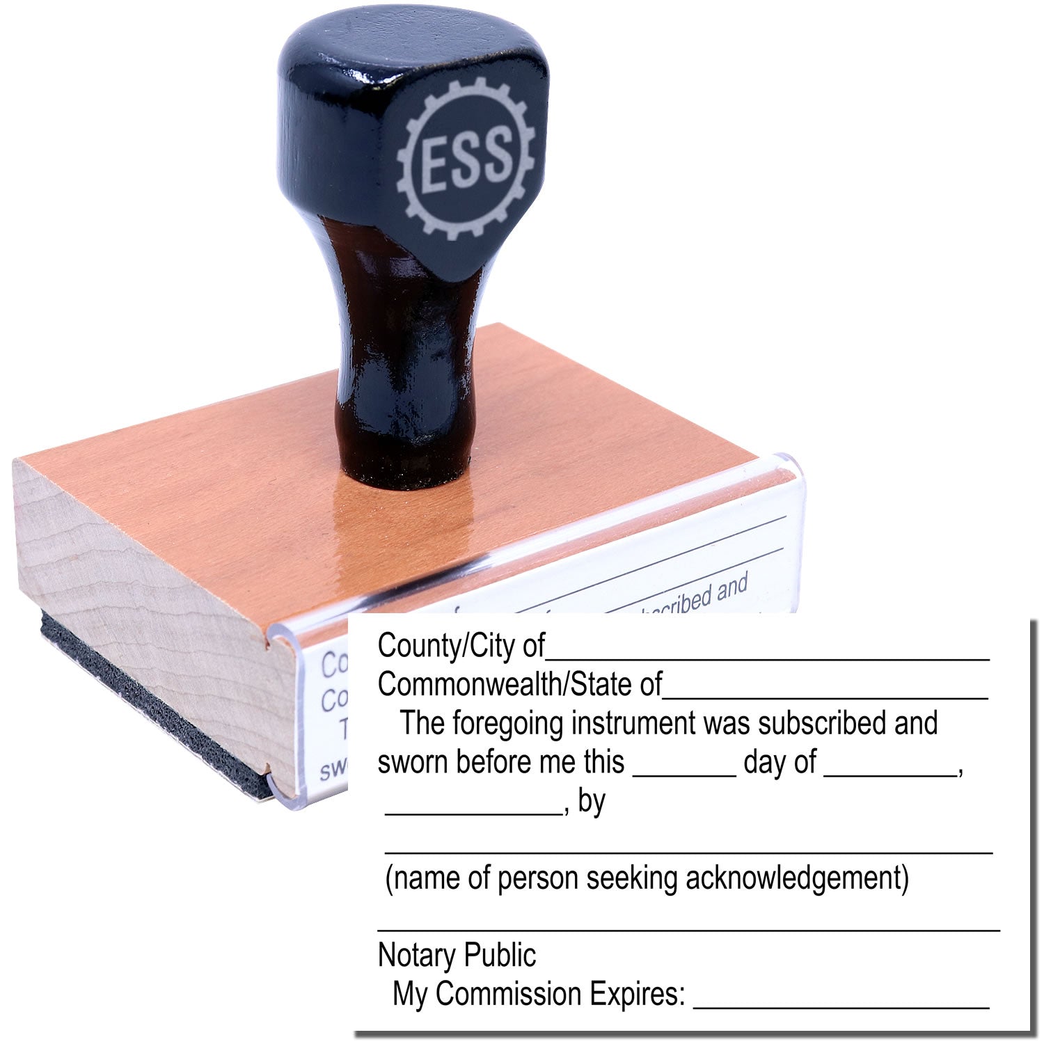 A Jurat Notary Stamp with a stamped image showing how various texts with blanks to fill appear after stamping from it.