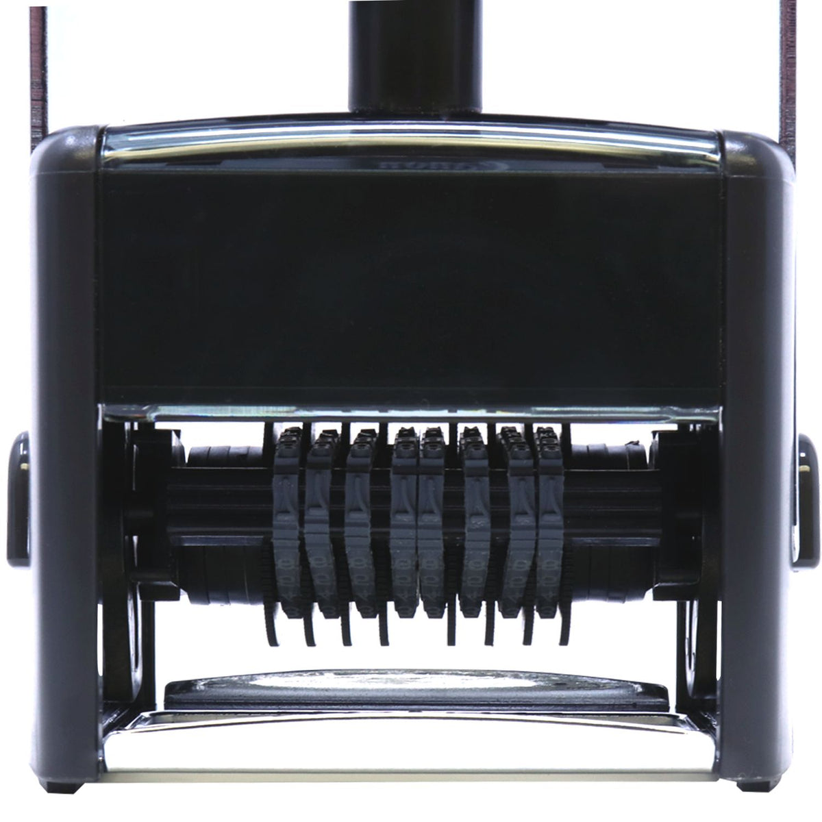 Black self-inking stamp and seal with rotating number bands and silver accents on a white background.