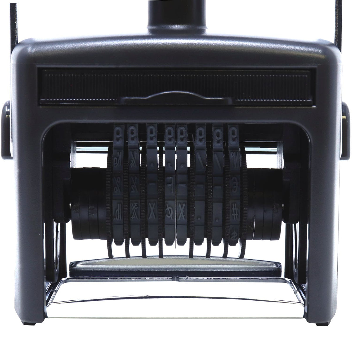 Black adjustable stamp and seal device with rotating character bands and metal frame on a white background.
