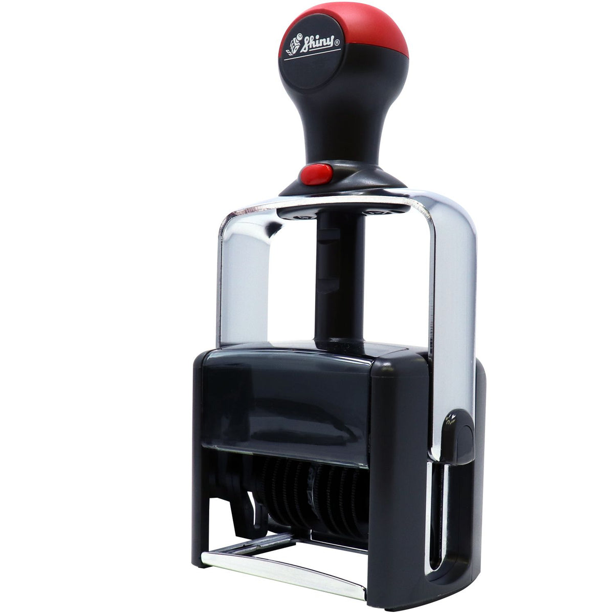 Black and red Shiny self-inking stamp seal with chrome frame and handle