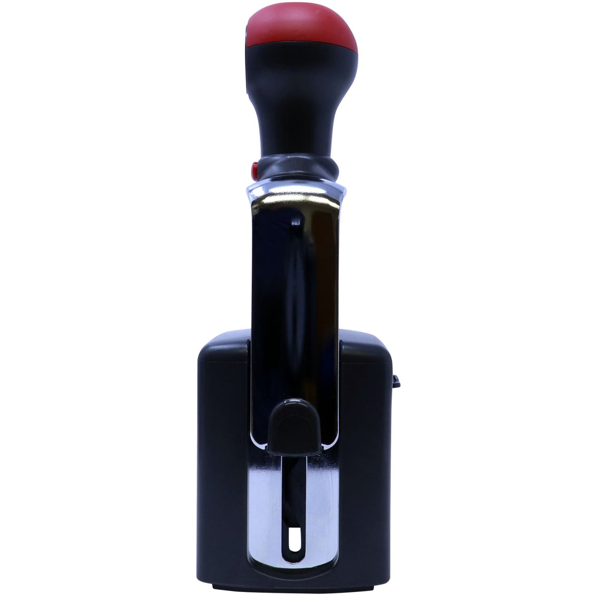 Black self-inking stamp seal with red top, silver clip, and rounded handle on a white background.
