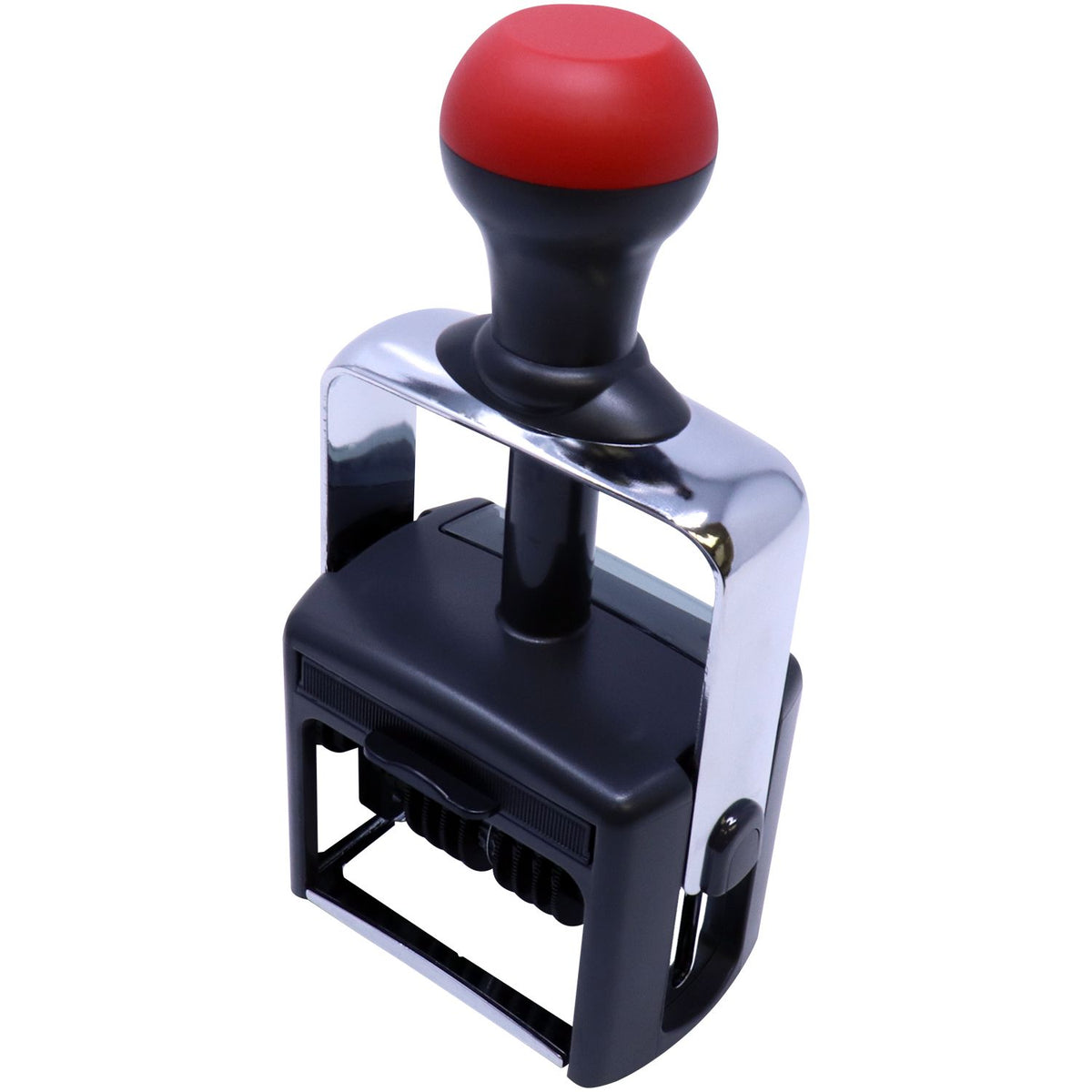 Red and black self-inking stamp seal with chrome frame and round handle