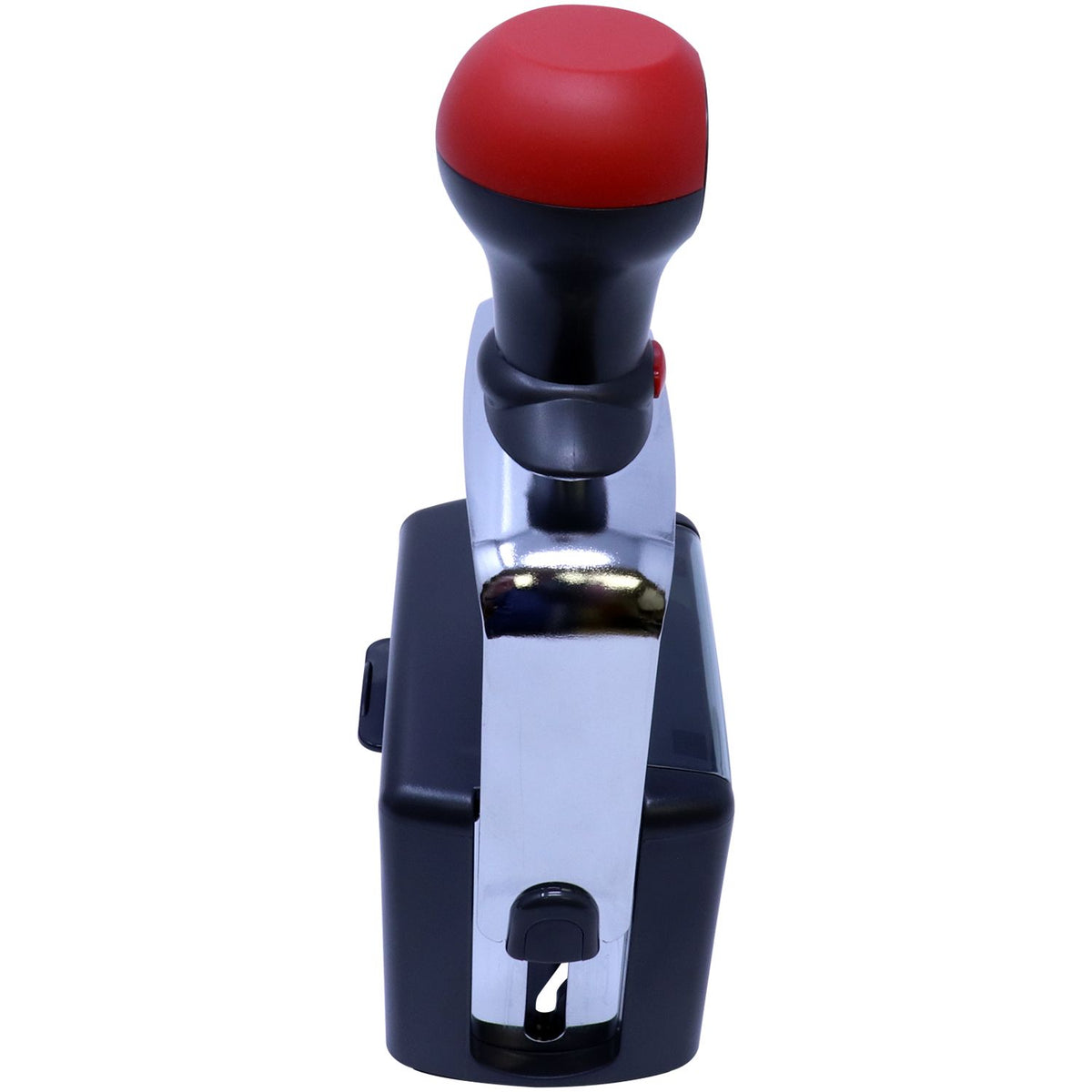 Red and black self-inking stamp and seal with chrome handle, shown on a white background.