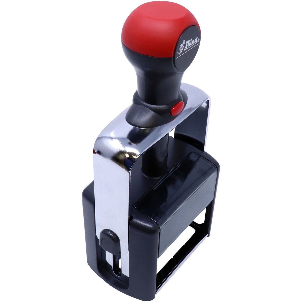Red and black self-inking stamp and seal with chrome frame, ergonomic handle, and ink cartridge.