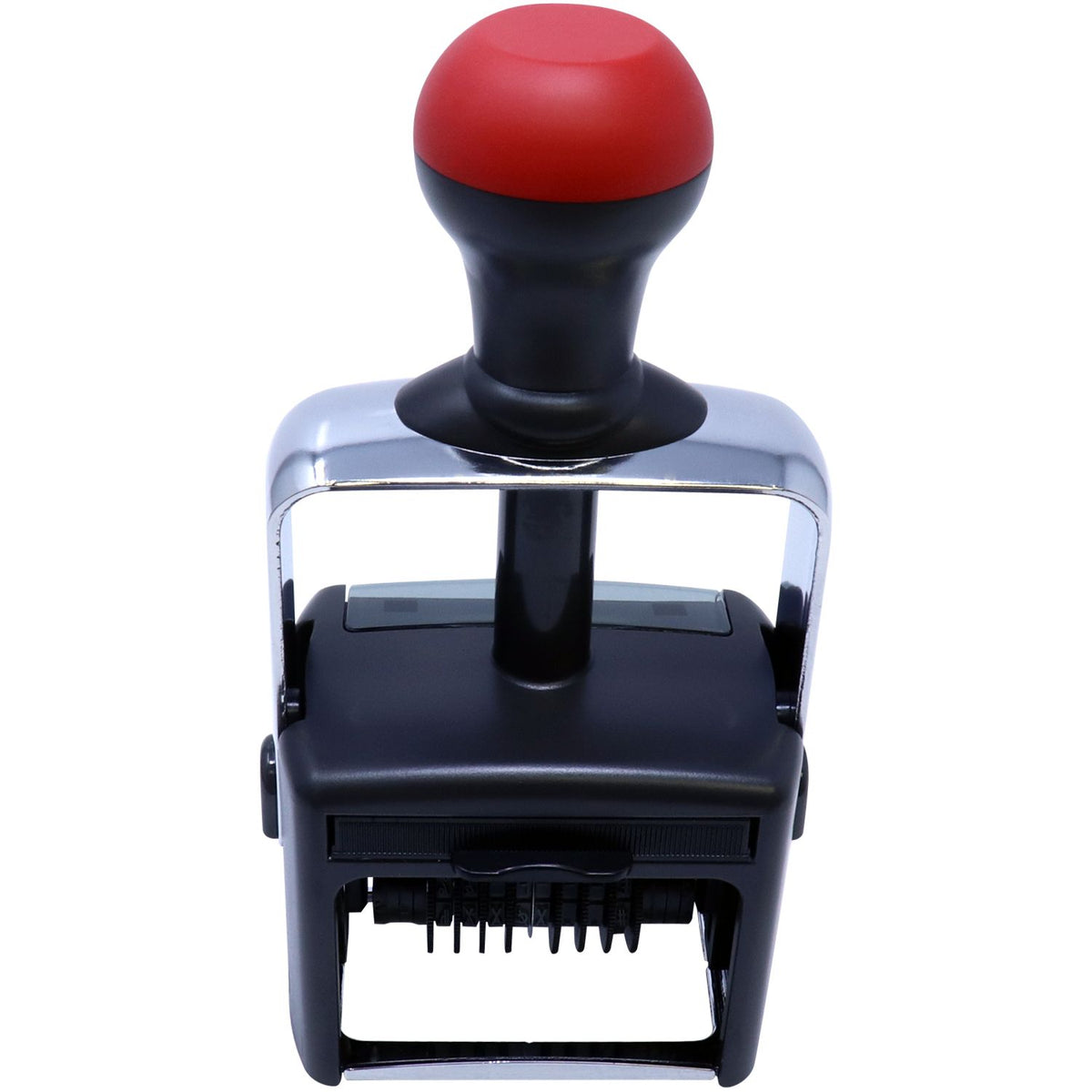 Black and chrome self-inking stamp and seal with red handle and sturdy metal frame
