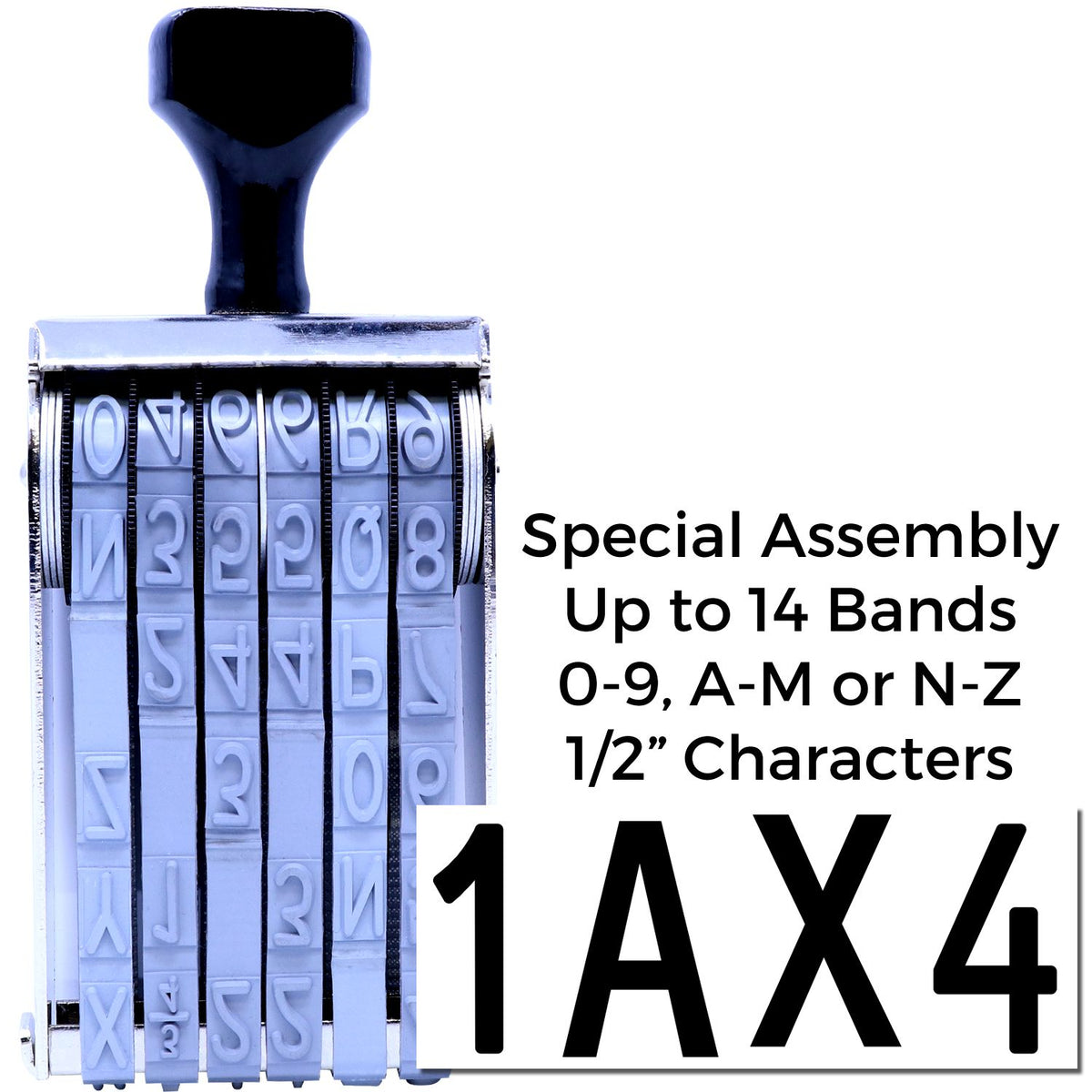 Black and white rotary stamp/seal with blue character bands and bold 1AX4 label