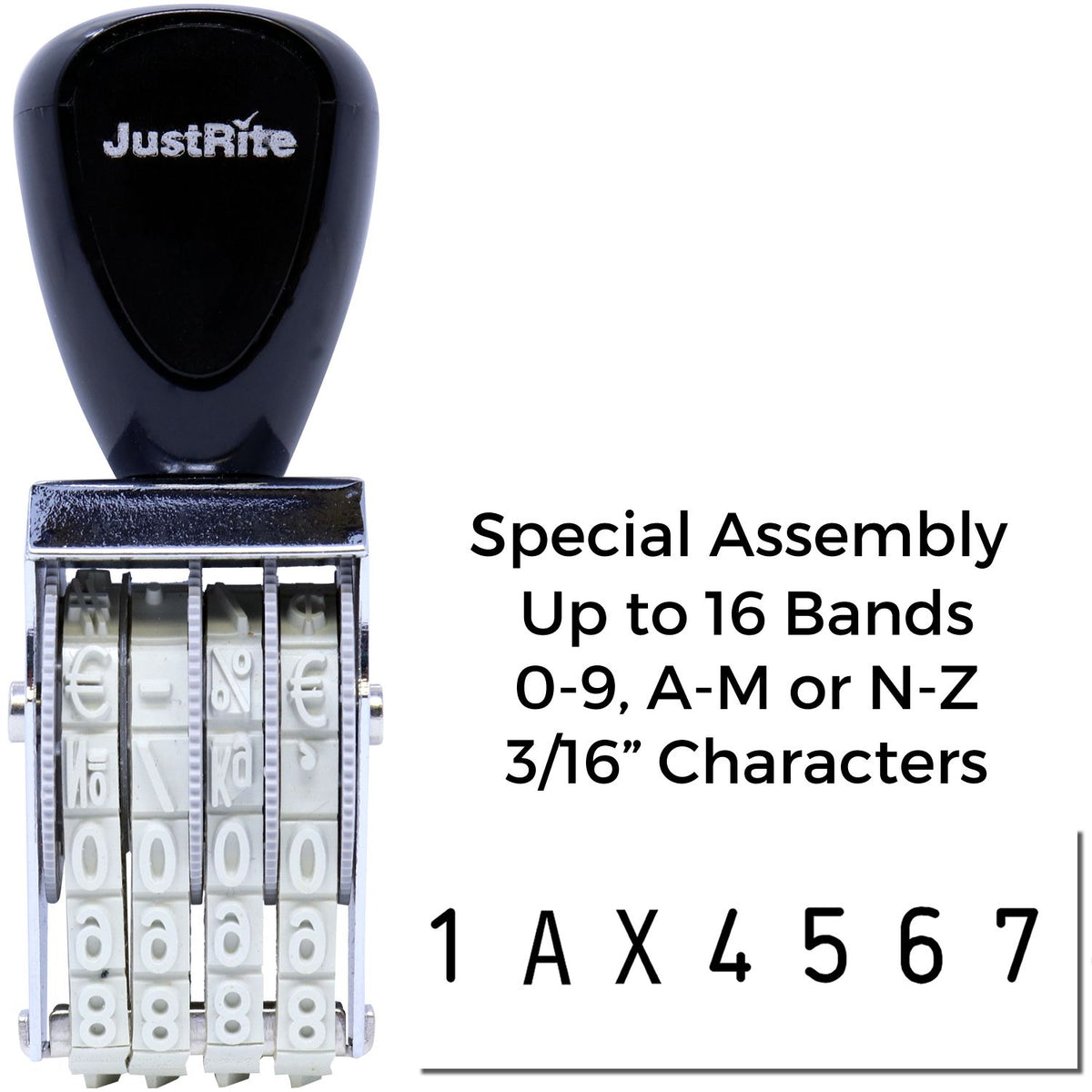Black JustRite adjustable stamp and seal with white number bands, metal frame, and special assembly code options.