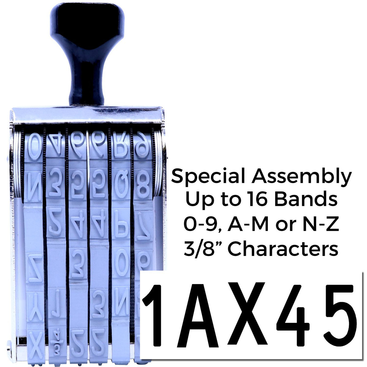 Adjustable black-handled silver and blue numbering stamp seal with rotating bands, 1AX45, 3/8-inch characters.