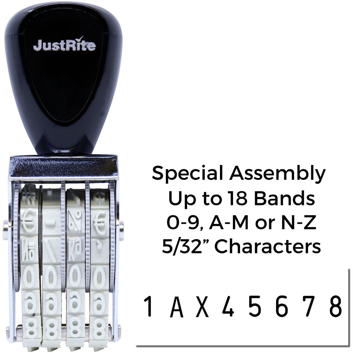 Black JustRite adjustable stamp seal with white rotating number bands and Special Assembly text, for up to 18 bands.