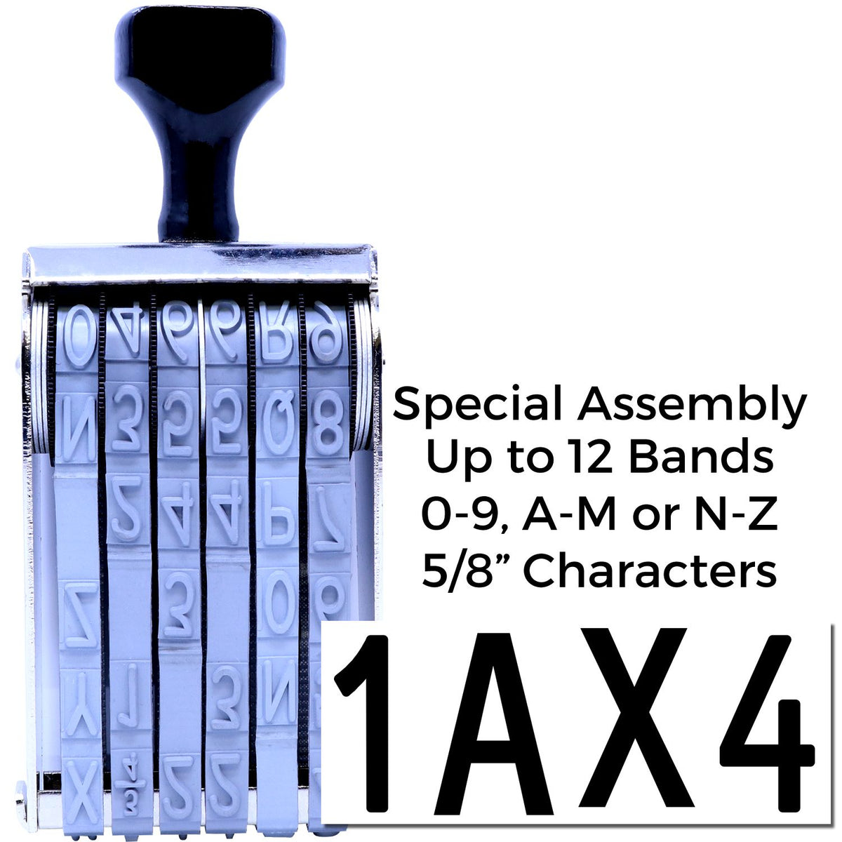 Blue and black adjustable band stamp seal with 1AX4 marking and special assembly text for up to 12 bands.