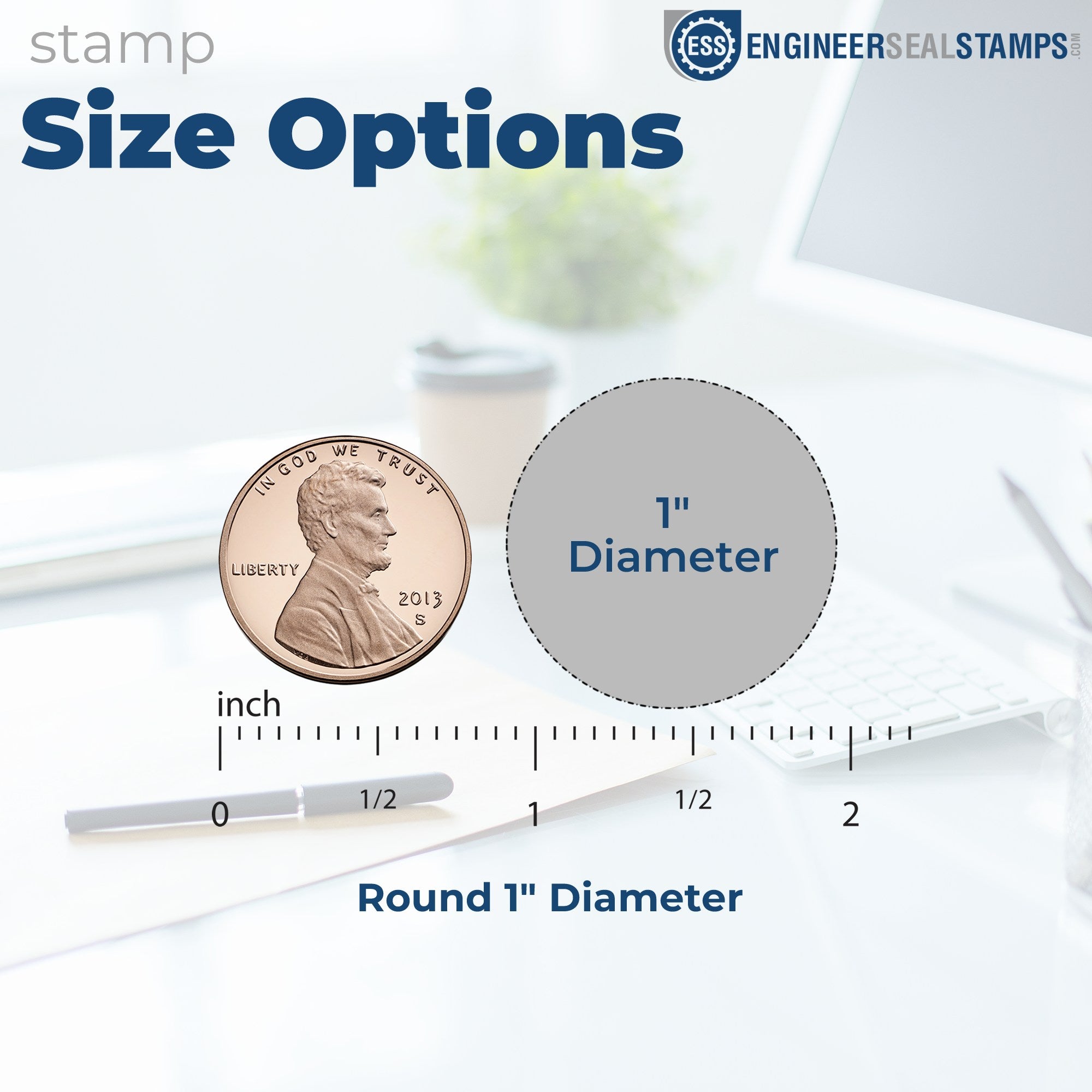 Self-Inking Money Eyes Facial Expressions Stamp, round 1-inch diameter, shown with size comparison to a penny. Ideal for adding fun expressions to documents.