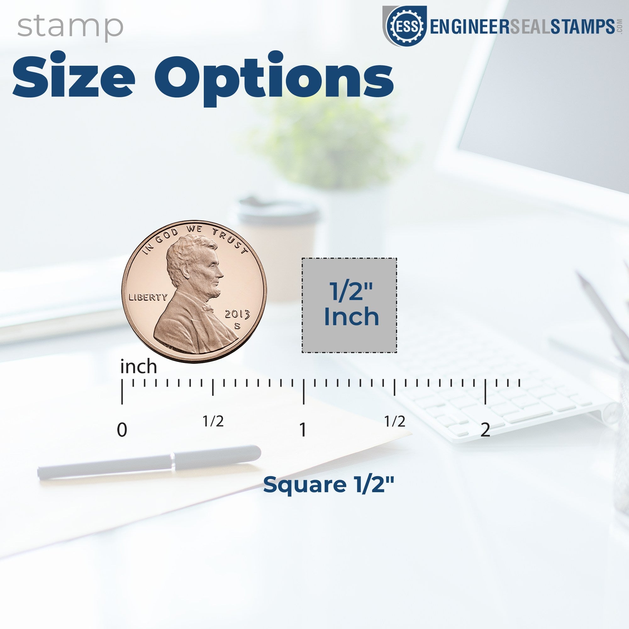 Self-Inking Burger Bliss Loyalty Punch Card Stamp, compact 1/2 inch square size, shown with size comparison to a penny. Ideal for loyalty programs and easy stamping.