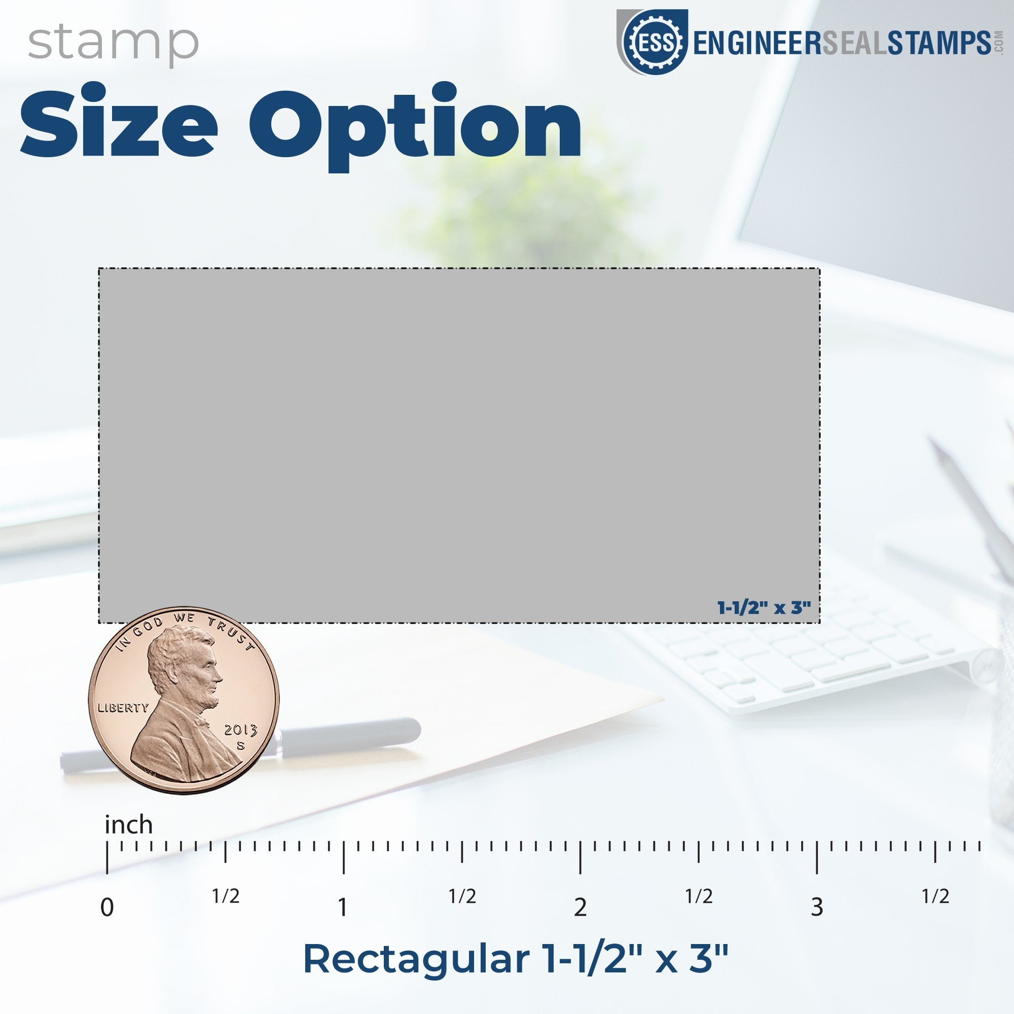 Image of a PSI Pre-Inked Lithium Ion Battery Warning Stamp, featuring a rectangular design measuring 1-1/2 x 3 , with a penny for size comparison.