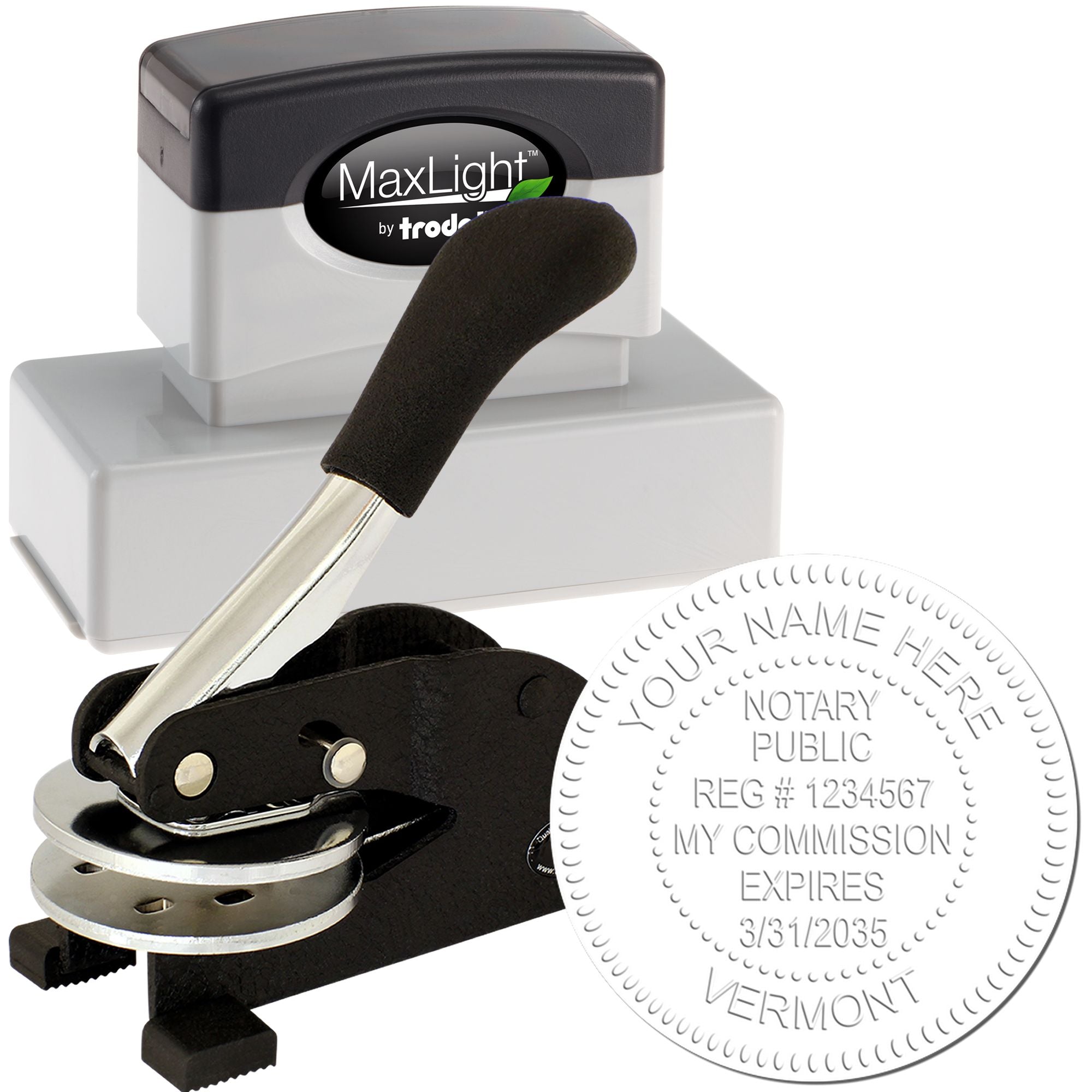 Rectangular MaxLight Notary Stamp VT and Vermont Notary Public Desk Seal Embosser Kit