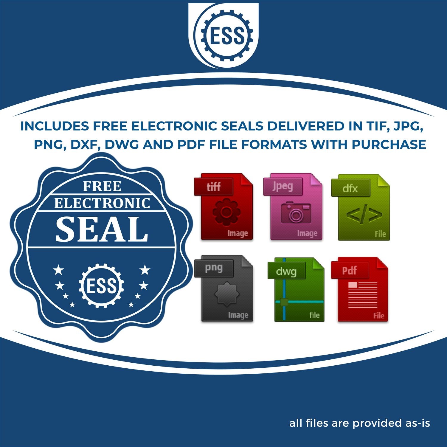 Image showing the Engineering Geologist MaxLight Pre-Inked Rubber Stamp of Seal, featuring a blue and white design with icons for TIF, JPG, PNG, DXF, DWG, and PDF file formats, and text about free electronic seals.