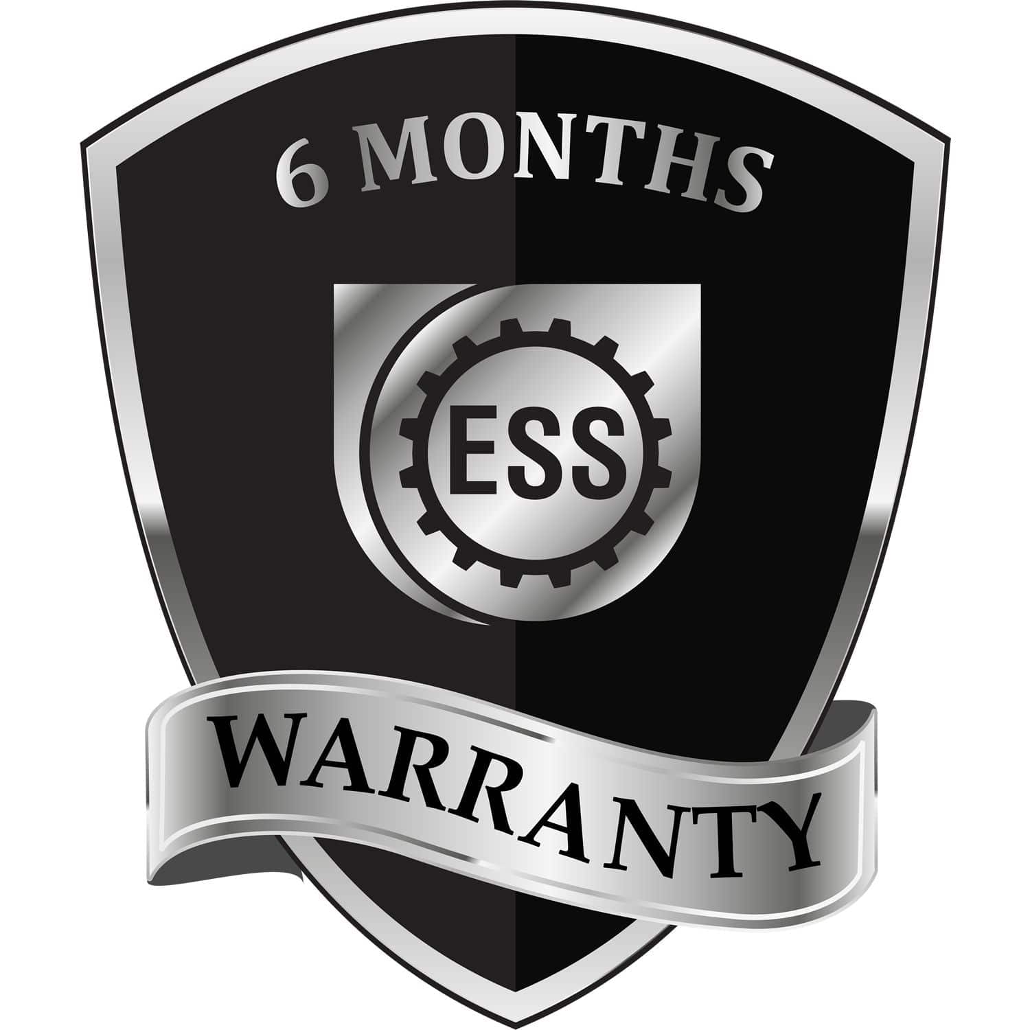 Black and silver shield with 6 Months Warranty text and ESS logo, promoting the Large Pre-Inked Narrow Font Non-Smoker Stamp.