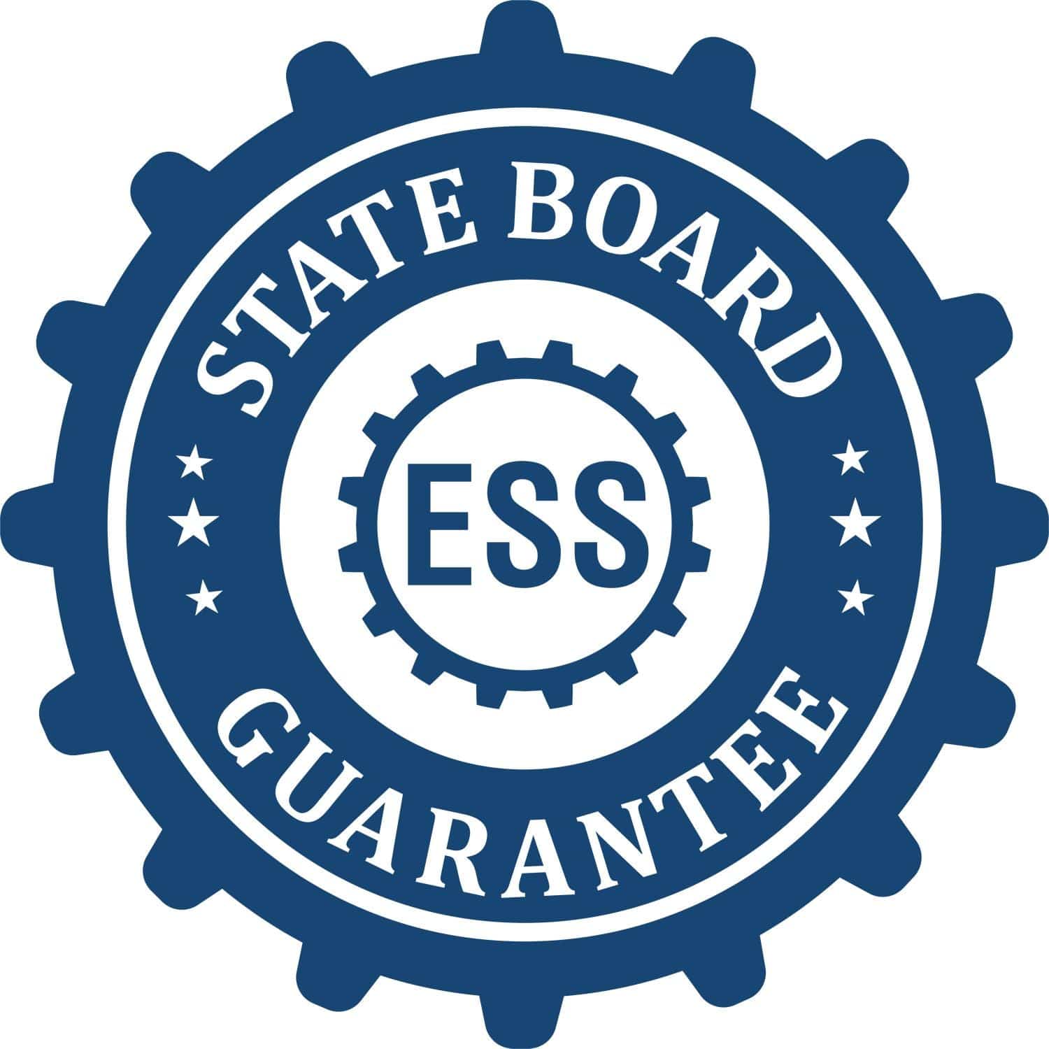 Blue circular seal with the text STATE BOARD GUARANTEE and ESS in the center, representing the Professional Engineer Slim Pre-Inked Stamp of Seal. The design includes stars and gear-like edges.