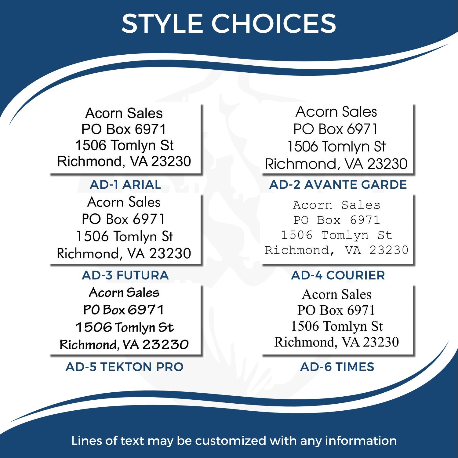 Image showing different font options for the 4 Line Self Inking Address Stamp, including Arial, Avante Garde, Futura, Courier, Tekton Pro, and Times.