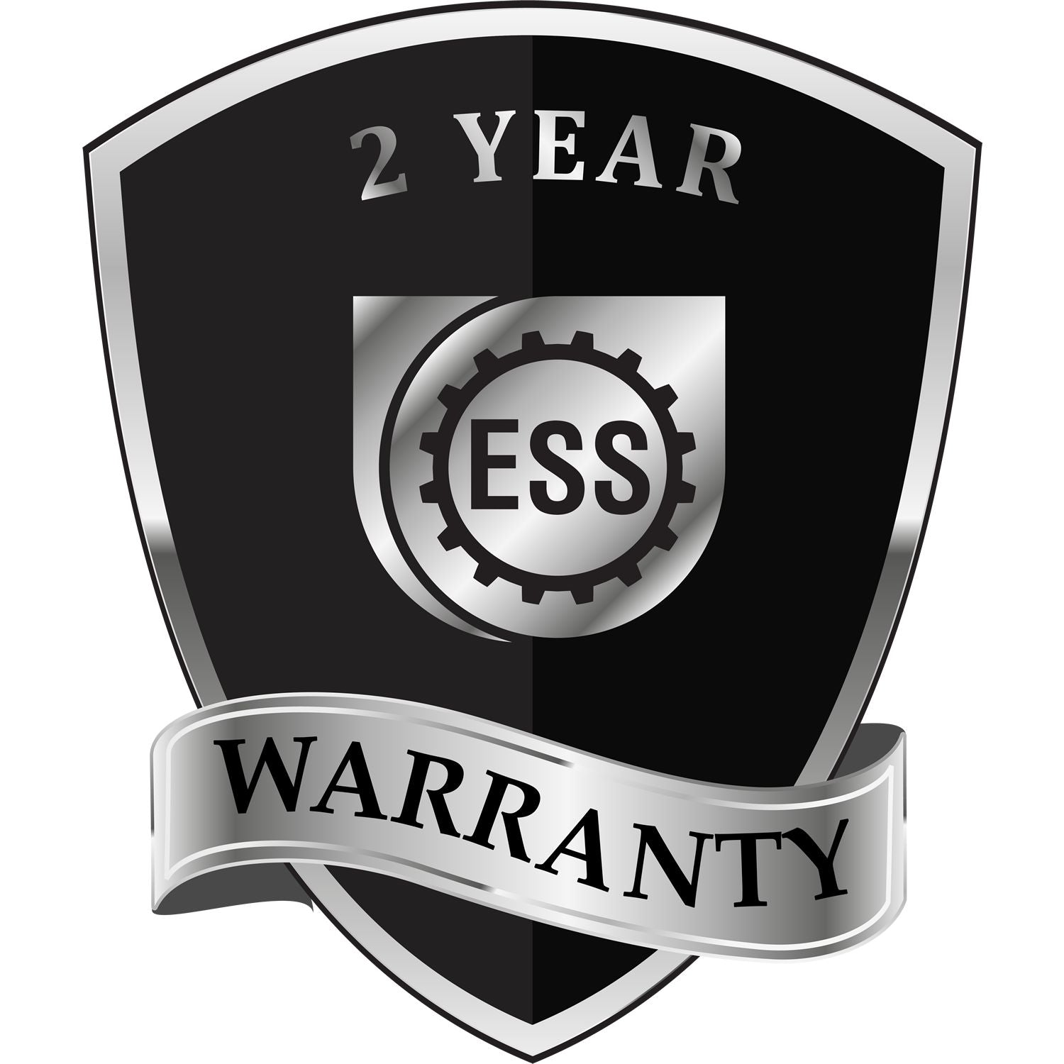 Shield-shaped emblem with 2 Year Warranty text, featuring the ESS logo in the center, representing the Forester Long Reach Desk Seal Embosser.