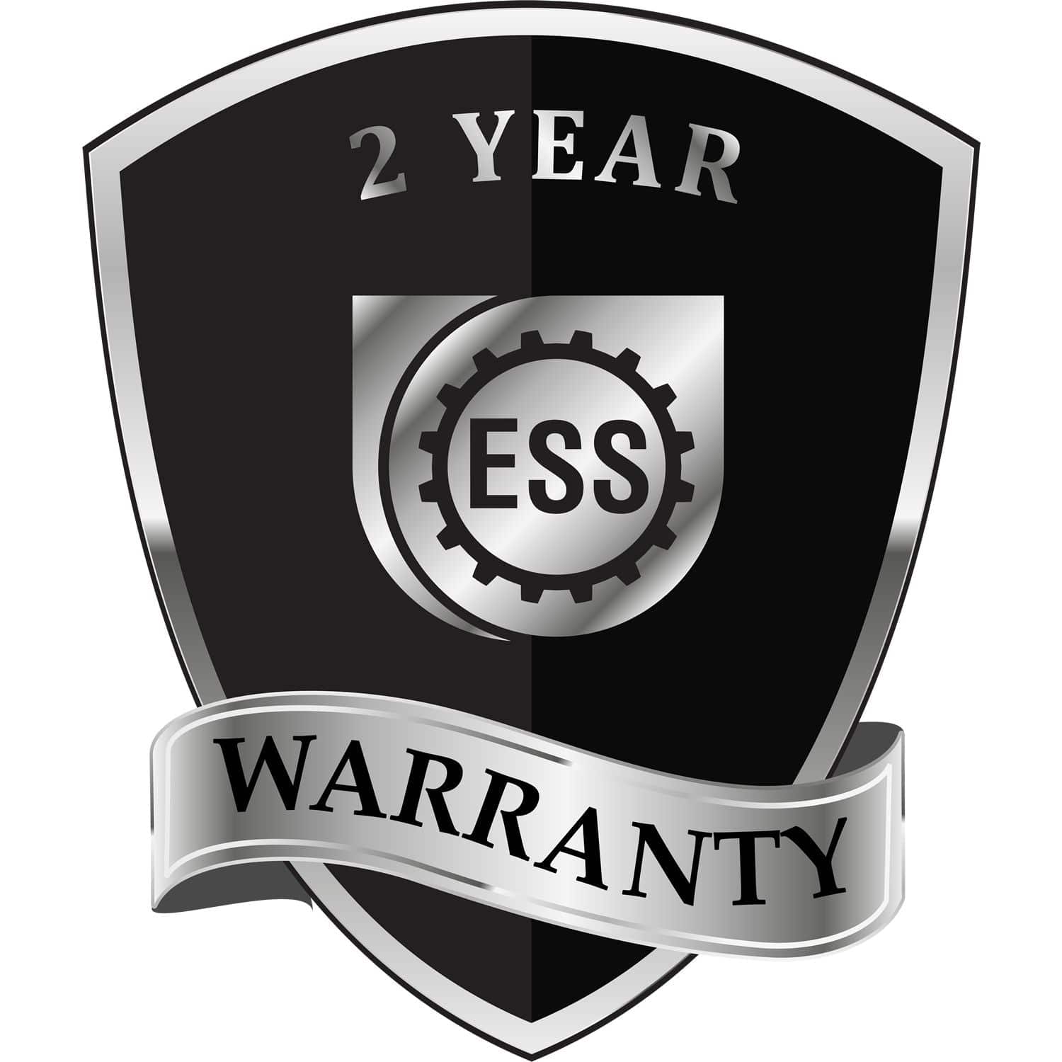 Shield-shaped emblem with 2 Year Warranty text, featuring a central gear design with ESS inside. The emblem is associated with the Professional Engineer Chrome Gift Seal Embosser.