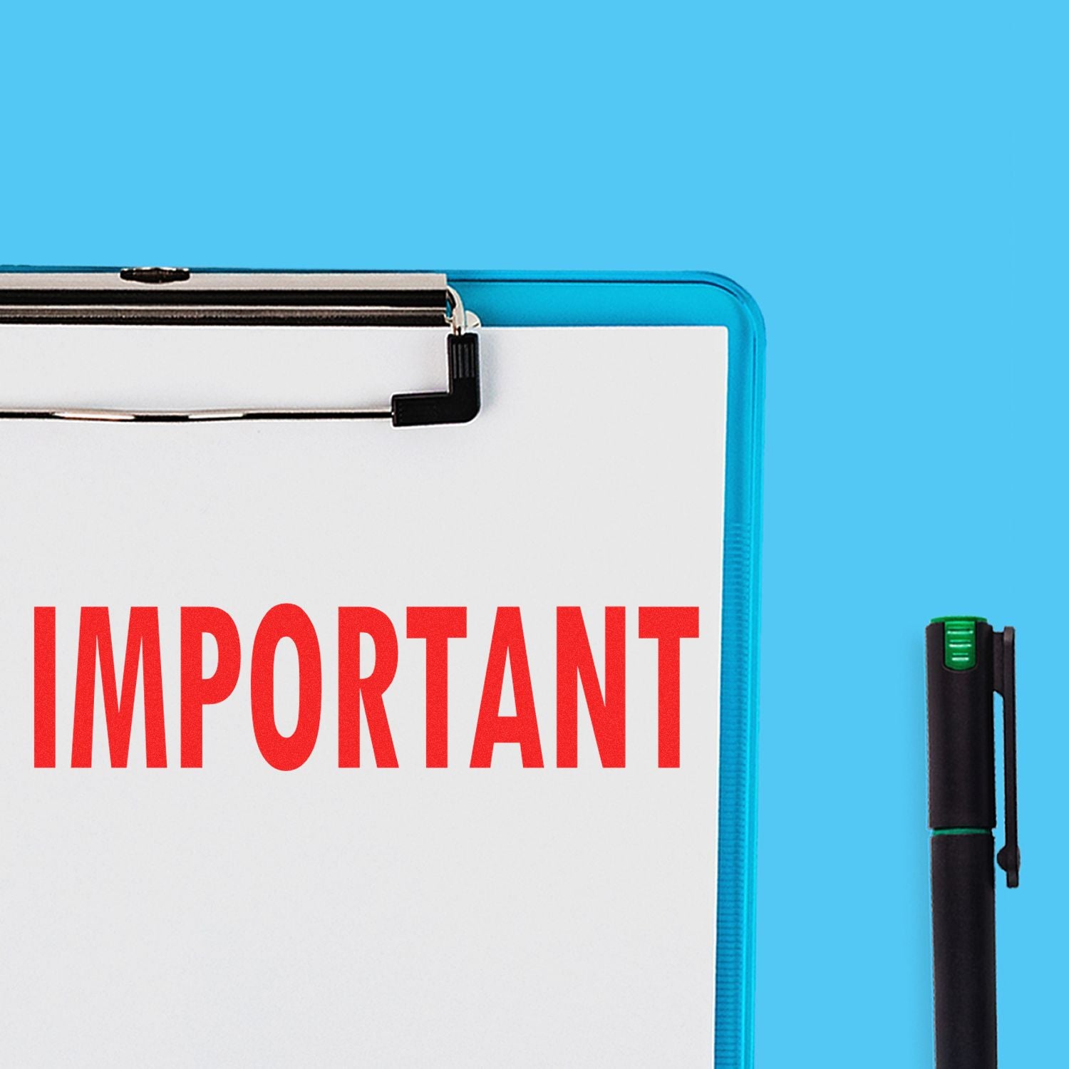 A clipboard with a paper stamped IMPORTANT in red using the Large Pre-Inked Important Stamp, next to a black pen on a blue background.