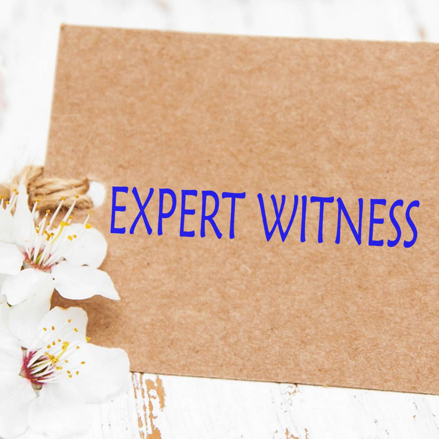 A brown card with EXPERT WITNESS stamped in blue ink using the Large Pre-Inked Expert Witness Stamp, adorned with white flowers on the side.